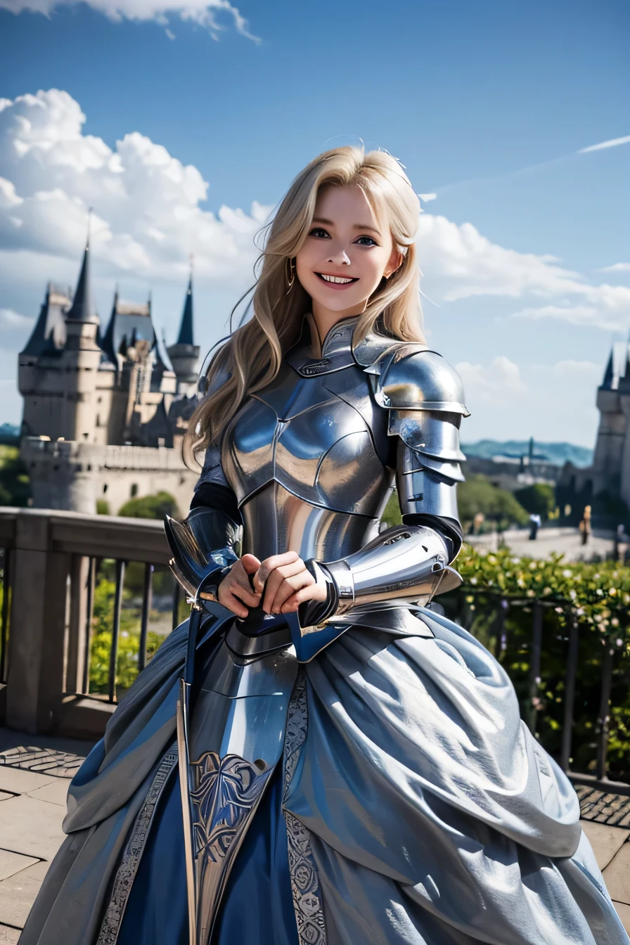 8k、highest quality、female knight、The background is a castle、Luxurious Silver Armor、heavy equipment、hairstyle shortcut、smile、beautiful teeth、full body photo、ear piercing、white woman、blonde hair、blue eyes、Gummy Smile、The background is a cloudy sky、heavy makeup