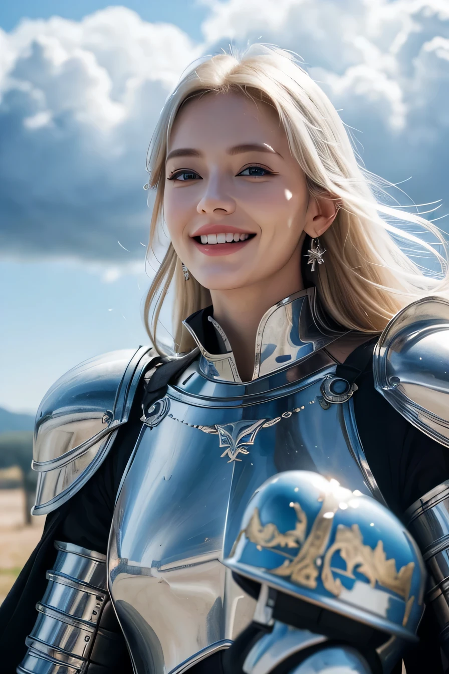 ８ｋ、highest quality、female knight、The background is a castle、Luxurious Silver Armor、heavy equipment、hairstyle shortcut、smile、beautiful teeth、full body photo、ear piercing、white woman、blonde hair、blue eyes、Gummy Smile、The background is a cloudy sky、heavy makeup