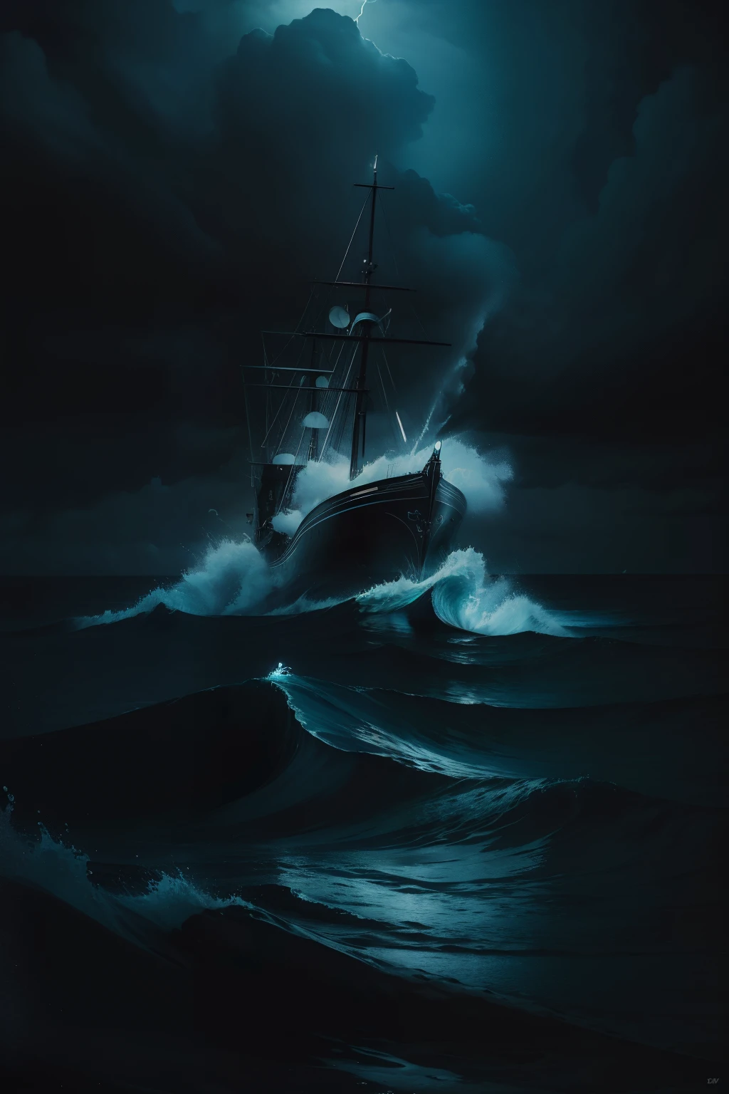 best quality,4k,8k,highres,masterpiece:1.2,ultra-detailed,photorealistic,advertising poster,mermaid,storm,monochromatic,harrowing,contrasting colors,dynamic lighting,water reflections,striking composition,dramatic atmosphere,mysterious concept