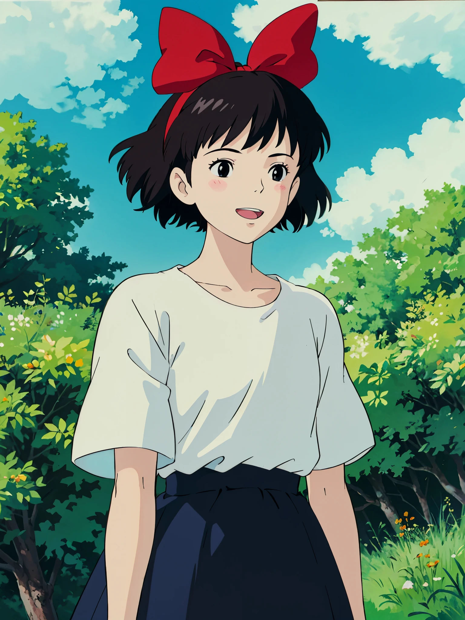 ghibli style, kiki \(majo no takkyuubin\), 1girl,, bangs, black eyes, black hair, black shirt, blush, bow, bow hairband,  hair bow, hairband,  outdoors, red bow, red hairband, shirt, short hair, solo, sunlight, upper body, happy ,Blue sky and white cloudasterpiece)) 