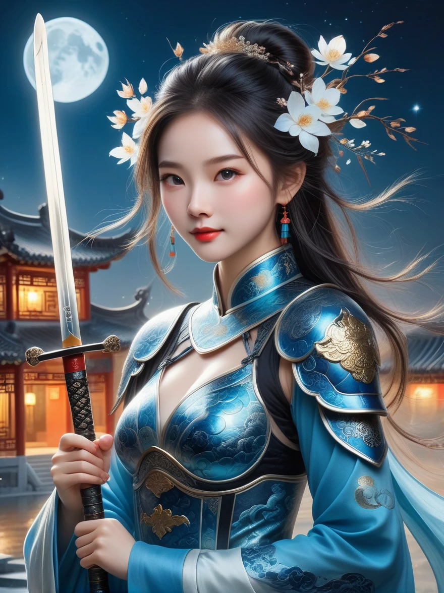 masterpiece,Realistic,Deep color,blue tint,Surrealism, Star光环, In the bright embrace of the moonlight serenade,(Black Chinese armor),gentle beautiful girl,(The girl holds a sword in her hand),Women's Armor,solo,pauldron,helmet,Chinese city background,blue sky,detailed眼睛,looking at the audience,Smile,Upper body,masterpiece,best quality,perfect eyes,perfect face,perfect lighting, 8K,Compared,Tone,texture, detailed, Star, Colorful halo, Vibrant energy, expressive, dramatic, organic lines and forms, dreamy and mysterious, Surrealism,portrait shooting,complex,meticulous,sharp,clear,Better image quality,Rough brushstrokes,high dynamic range,vivid,Rich in details,阴影和高光clear,reality,vehement,Compared度增强,Rich in details