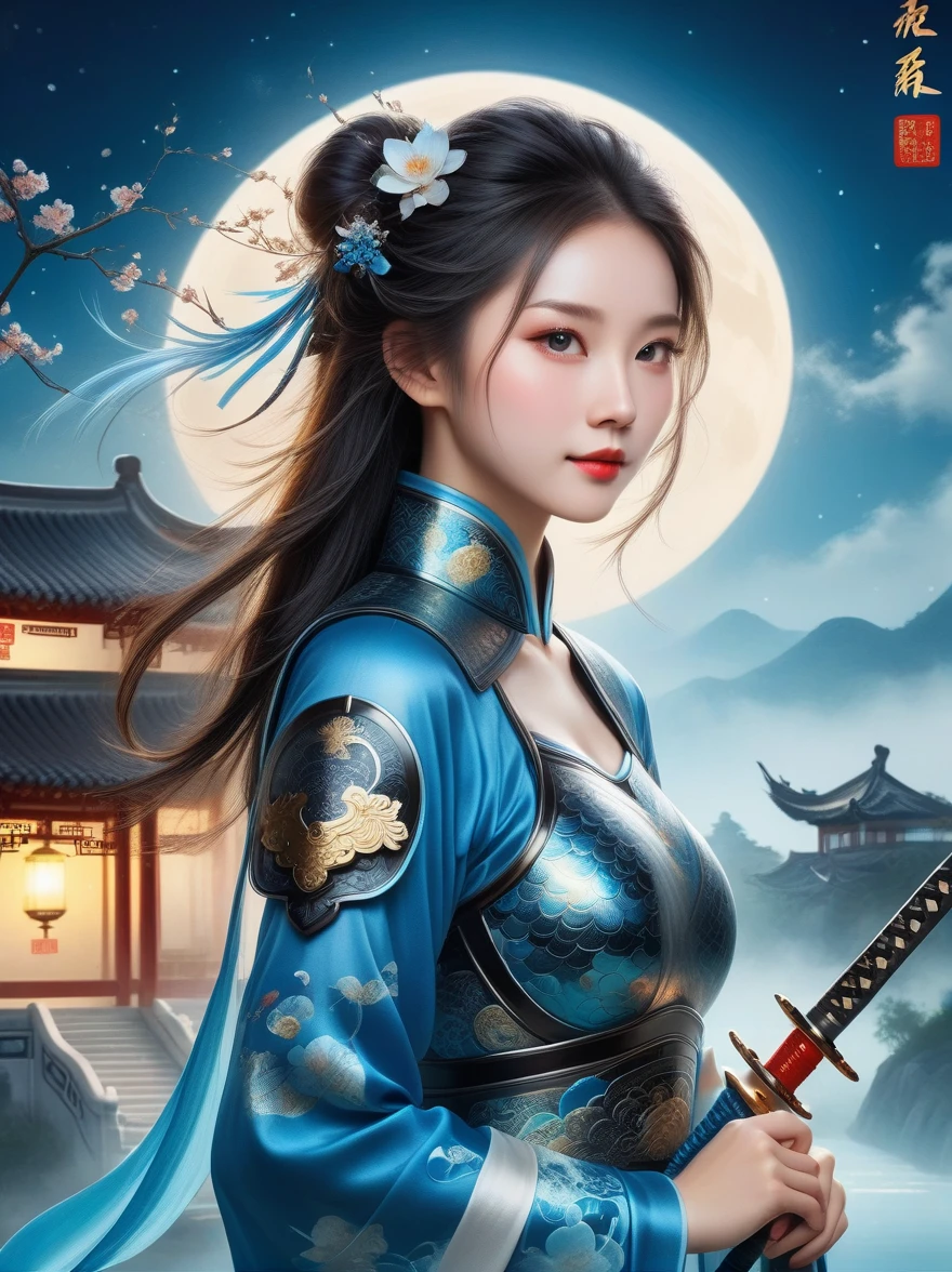 masterpiece，Realistic，Deep color，blue tint，Surrealism, Star光环, In the bright embrace of the moonlight serenade，(Black Chinese armor)，gentle beautiful girl，(The girl holds a sword in her hand)，Women&#39;s Armor，solo，pauldron，helmet，Chinese city background，blue sky，detailed眼睛，looking at the audience，Smile，Upper body，masterpiece，best quality，perfect eyes，perfect face，perfect lighting， 8K，Compared，Tone，texture, detailed, Star, Colorful halo, Vibrant energy, expressive, dramatic, organic lines and forms, dreamy and mysterious, Surrealism，portrait shooting，complex，meticulous，sharp，clear，Better image quality，Rough brushstrokes，high dynamic range，vivid，Rich in details，阴影和高光clear，reality，vehement，Compared度增强，Rich in details