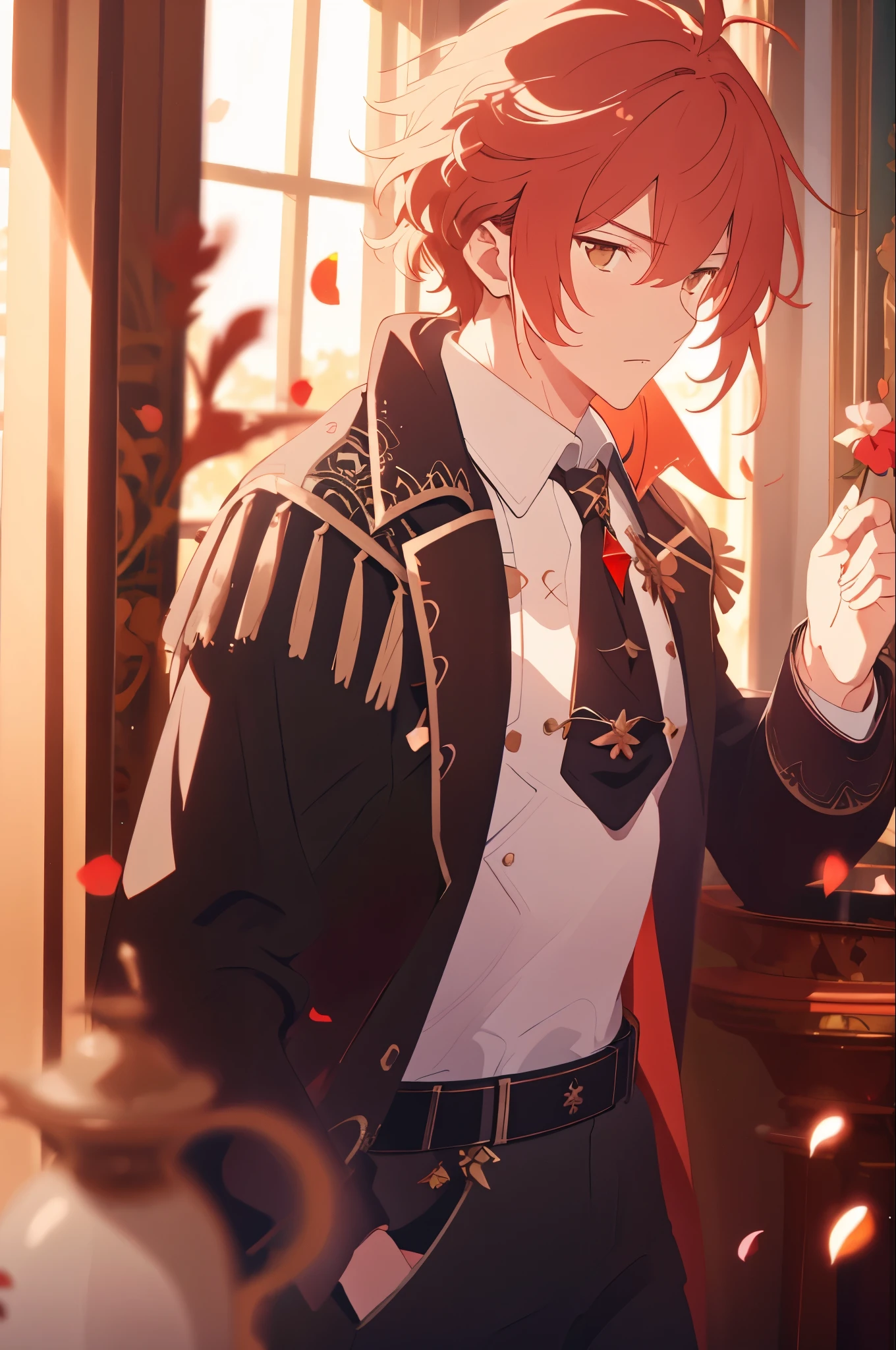 ((Best quality)), ((masterpiece)), (detailed),  ((perfect face)) 1 male solo, mature, handsome, tall muscular guy, broad shoulders, diluc (genshin impact), red hair, brown coat, brown pants, black tie with red crystal, dramatic light, cinematic shot, dried flowers, flower petals, fire swirls, dynamic pose