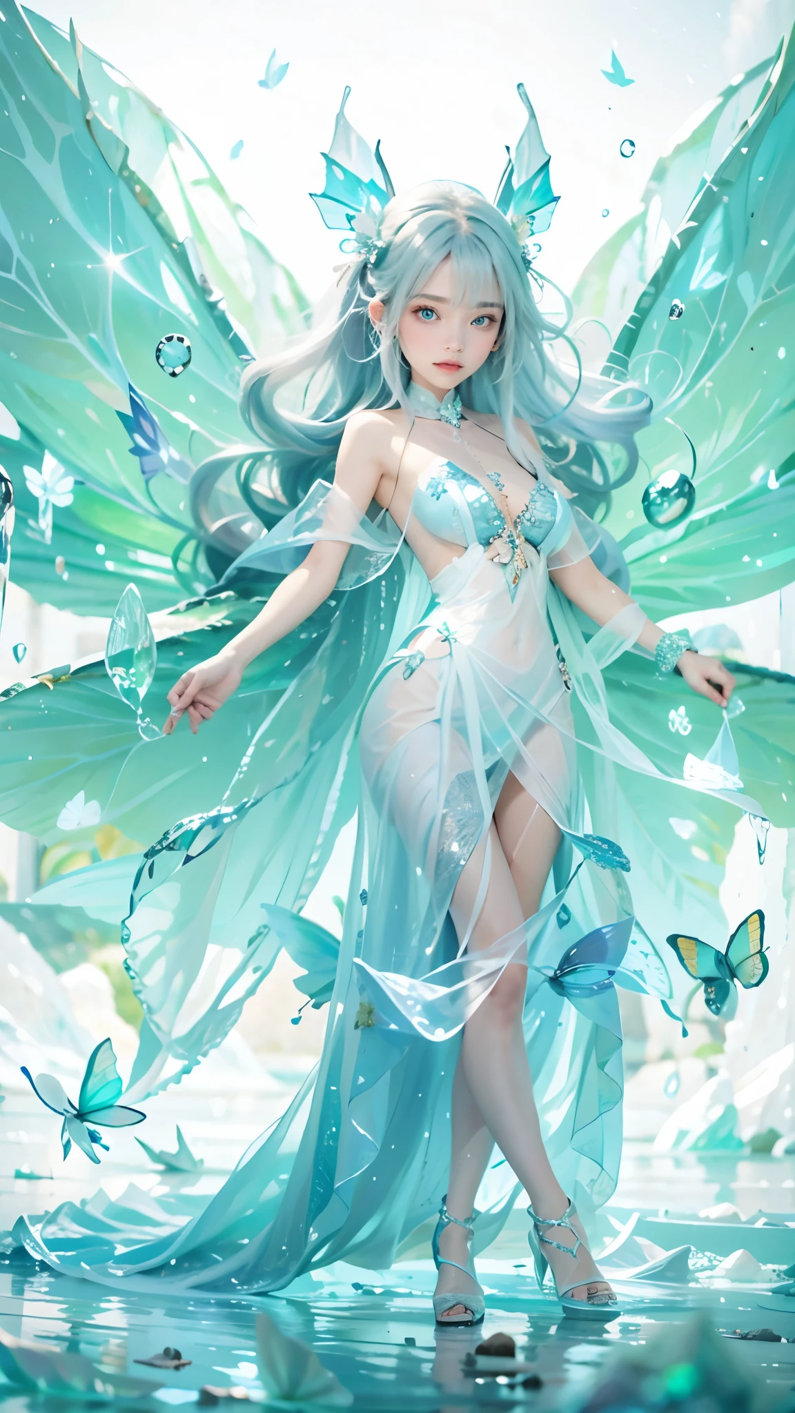 Frost Goddess,Frozen fluid,Ice World,ice,1girl,Translucent clothing,air bubble,blue butterfly,blue eyes,blue nails,breasts,Positive, character on the right, upper body, above knee level,Dynamic pose,bubble,Blue butterfly wings,butterfly wings,crystal,dress,glowing butterfly,long hair,looking at viewer,medium breasts,parted lips,solo,water