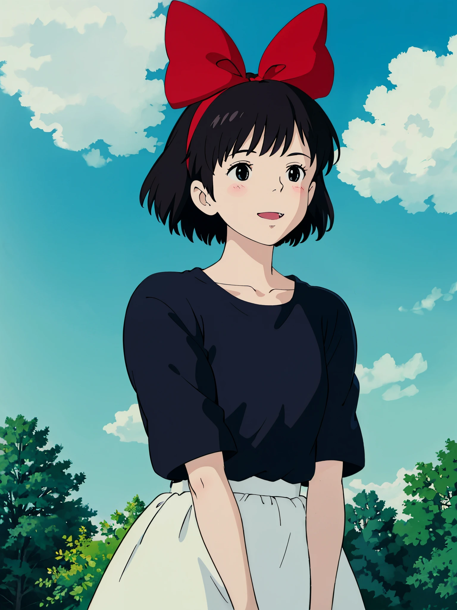 ghibli style, kiki \(majo no takkyuubin\), 1girl,, bangs, black eyes, black hair, black shirt, blush, bow, bow hairband, hair bow, hairband, outdoors, red bow, red hairband, shirt, short hair, solo, sunlight, upper body, happy ,Blue sky and white cloudasterpiece))