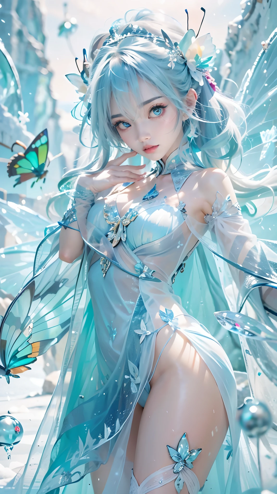 Frost Goddess,Frozen fluid,Ice World,ice,1girl,Translucent clothing,air bubble,blue butterfly,blue eyes,blue nails,breasts,Positive, character on the right, upper body, above knee level,Dynamic pose,bubble,Blue butterfly wings,butterfly wings,crystal,dress,glowing butterfly,long hair,looking at viewer,medium breasts,parted lips,solo,water