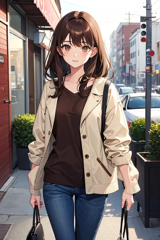 1girl, brown hair, brown eyes, casual clothing