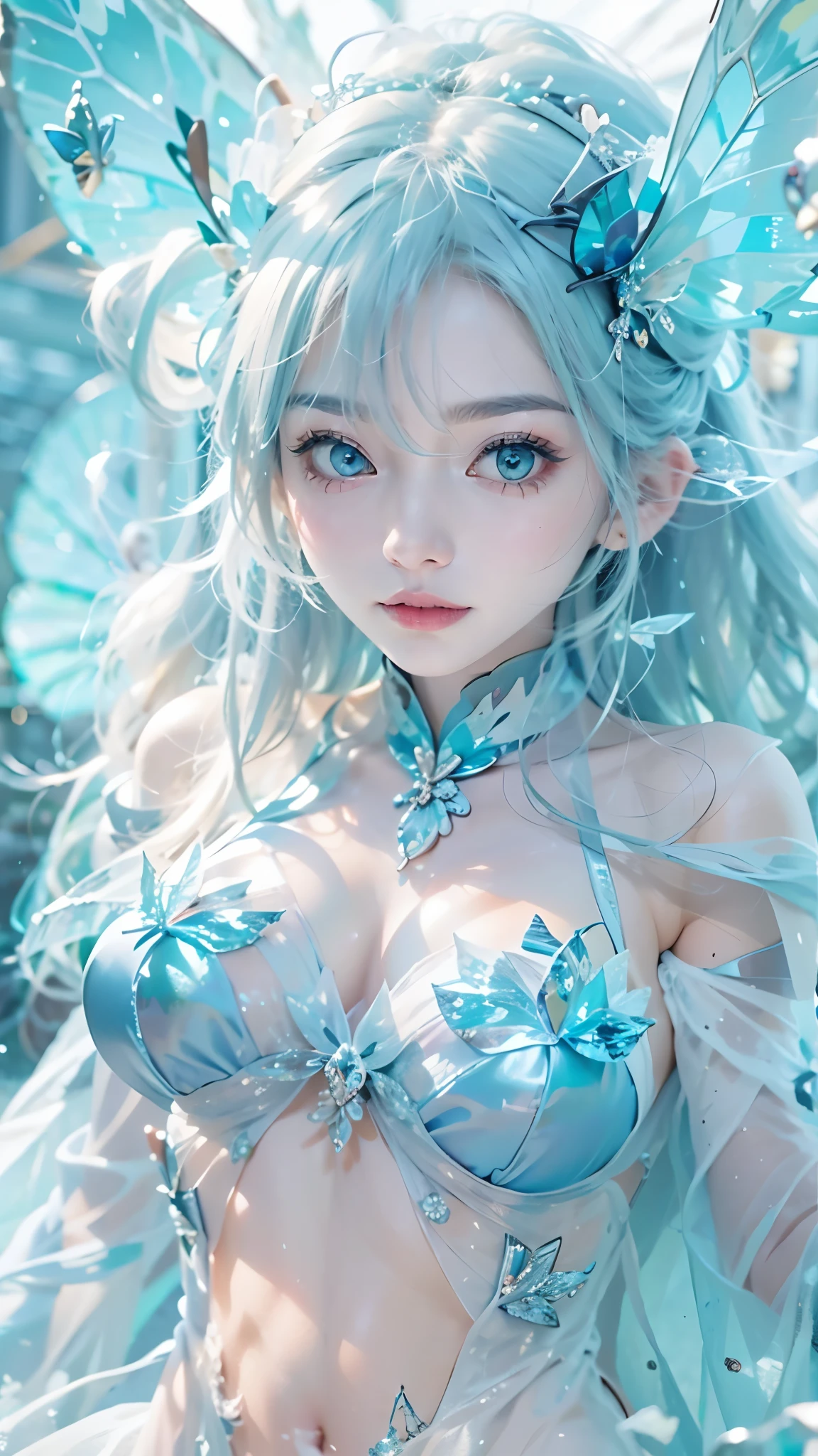 Frost Goddess,Frozen fluid,Ice World,ice,1girl,Translucent clothing,air bubble,blue butterfly,blue eyes,blue nails,breasts,Positive, character on the right, upper body, above knee level,Dynamic pose,bubble,Blue butterfly wings,butterfly wings,crystal,dress,glowing butterfly,long hair,looking at viewer,medium breasts,parted lips,solo,water