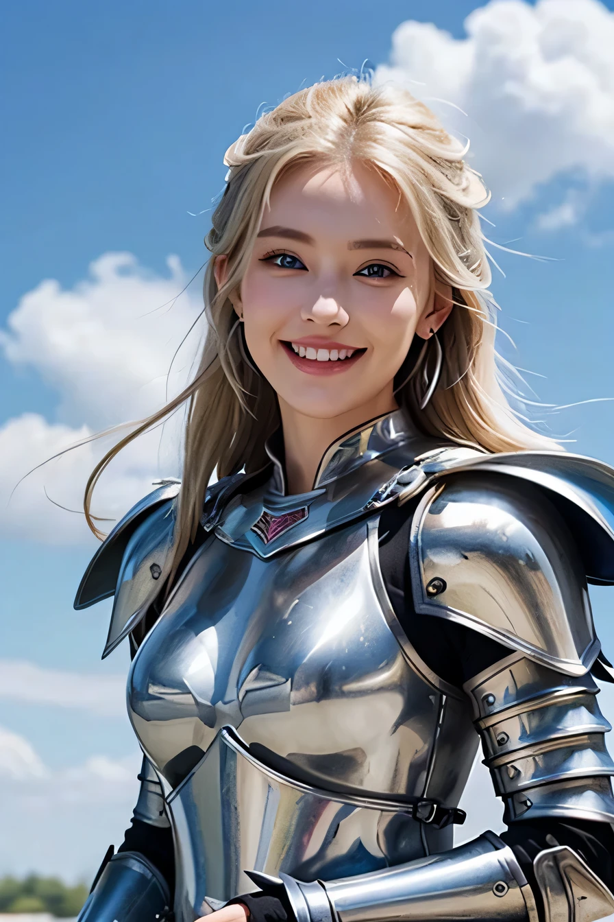 highest quality、female knight、The background is a castle、Luxurious Silver Armor、heavy equipment、hairstyle shortcut、smile、beautiful teeth、full body photo、ear piercing、white woman、blonde hair、blue eyes、Gummy Smile、The background is a cloudy sky、heavy makeup