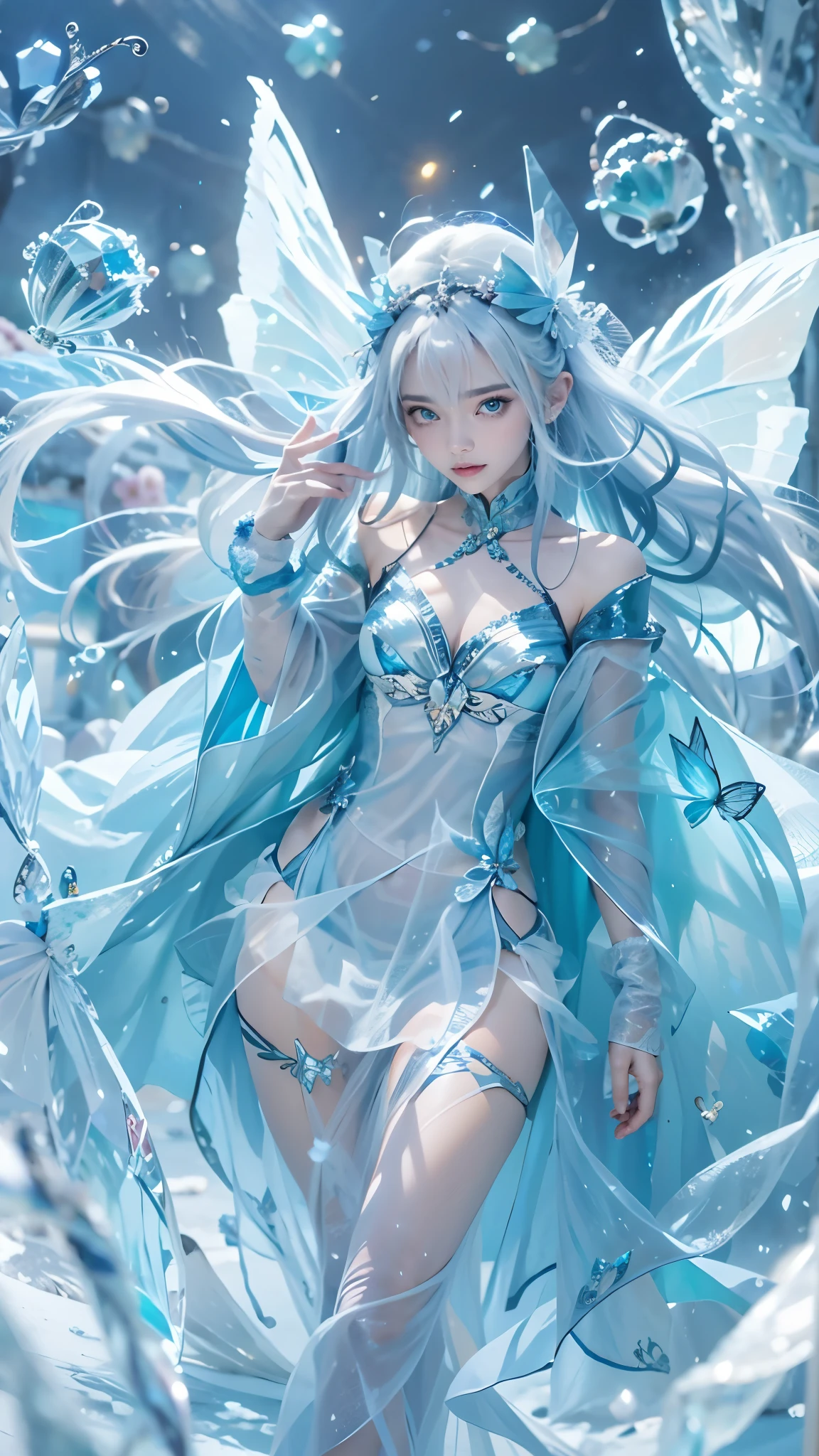 Frost Goddess,Frozen fluid,Ice World,ice,1girl,Translucent clothing,air bubble,blue butterfly,blue eyes,blue nails,breasts,Positive, character on the right, upper body, above knee level,Dynamic pose,bubble,Blue butterfly wings,butterfly wings,crystal,dress,glowing butterfly,long hair,looking at viewer,medium breasts,parted lips,solo,water