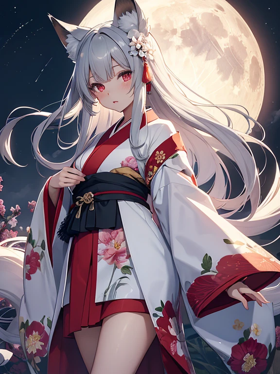 (masterpiece:1.2), highest quality,pixiv,  
1 adult female, alone, long hair, moon, kimono, kimono, gray hair,, animal ears, red eyes, long sleeve, bangs, full moon, wide sleeve, flower柄, hair ornaments, tassel, hair between eyes, flower, Are standing, parted lips, fox ears, animal earsの綿毛, white kimono, hair flower, print kimono, very long hair, white flower, legs pop out of frame