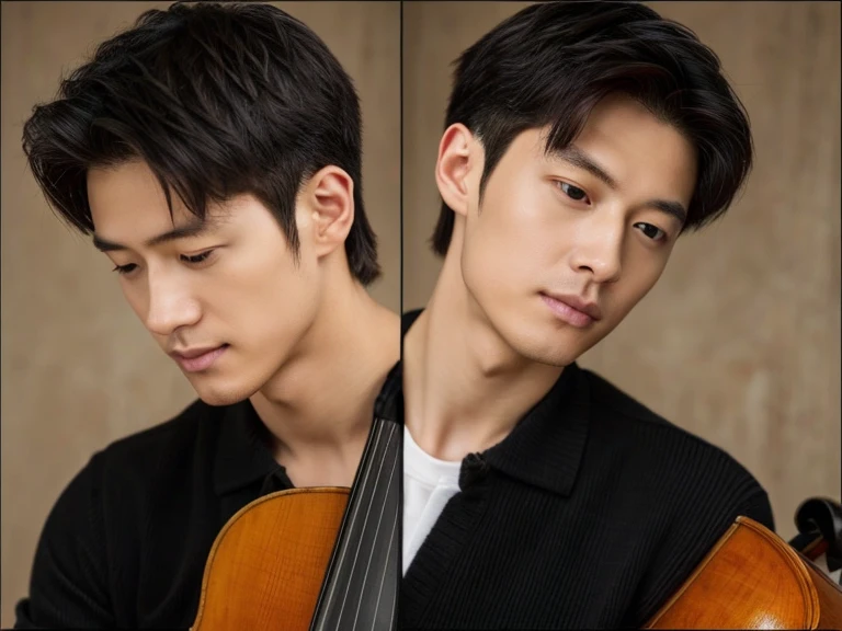 年輕人拉Cello. 左手五指準確地放在Cello的琴頸上 , Realism, 8K full body portrait, masterpiece. (Cello detailed details.Headstock.String plug)A young 28 year old man.A little messy short hair(artist.musician),Wearing wool sweaters and jackets. 坐在室內拉Cello(Cello)(靈感來自中國musician馬友友). charming expression, Fine facial details,Detailed finger positions and details.young man playing Cello. Cello, artist, superb composition!!!,