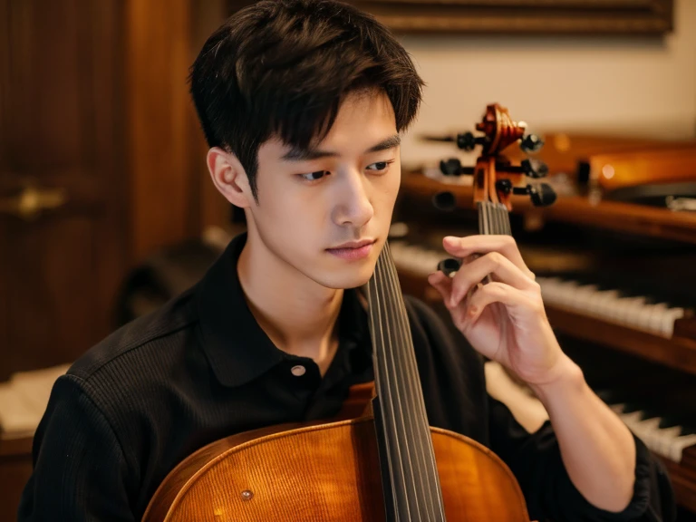 年輕人拉Cello. 左手五指準確地放在Cello的琴頸上 , Realism, 8K full body portrait, masterpiece. (Cello detailed details.Headstock.String plug)A young 28 year old man.A little messy short hair(artist.musician),Wearing wool sweaters and jackets. 坐在室內拉Cello(Cello)(靈感來自中國musician馬友友). charming expression, Fine facial details,Detailed finger positions and details.young man playing Cello. Cello, artist, superb composition!!!,
