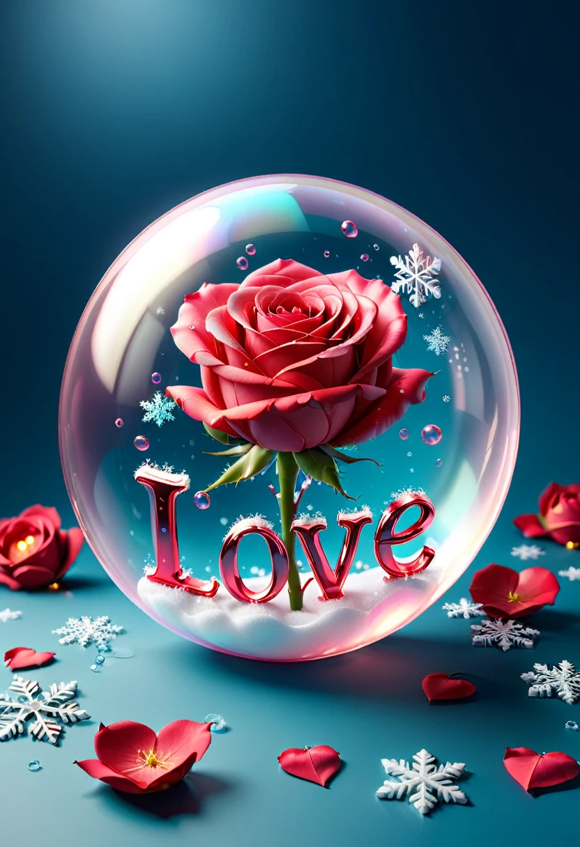 (((bubble,soft,gentle,Bevel with relief,3D font design "I love YOU"))),rose decoration,Rich details,snowflake,Valentine's Day,Strong atmosphere,Rose petals falling in the air,originality