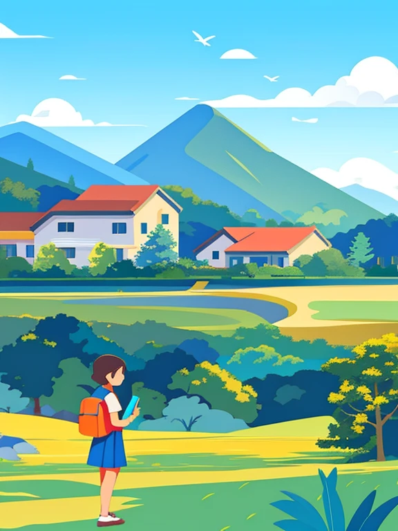 Kasuga，Blue sky full of clouds，Mountain trees，city building， Girl with short brown hair，In the valley，16-year-old girl with school bag holding paper and pen，A little bird is flying overhead，A cute little bird on the grass