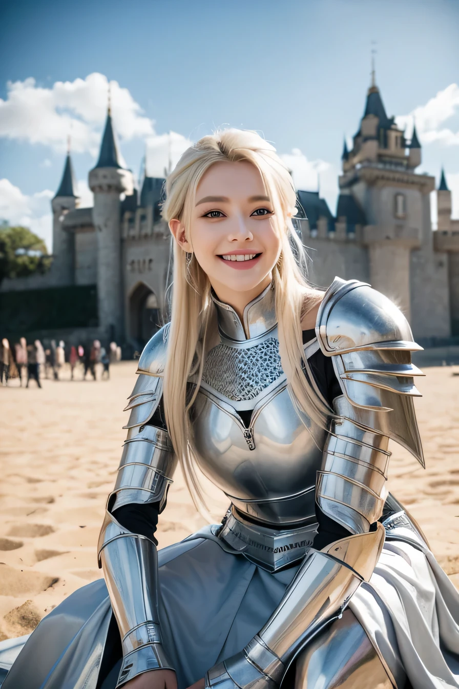 highest quality、female knight、The background is a castle、Luxurious Silver Armor、heavy equipment、hairstyle shortcut、smile、beautiful teeth、full body photo、ear piercing、white woman、blonde hair、blue eyes、Gummy Smile、The background is a cloudy sky、heavy makeup