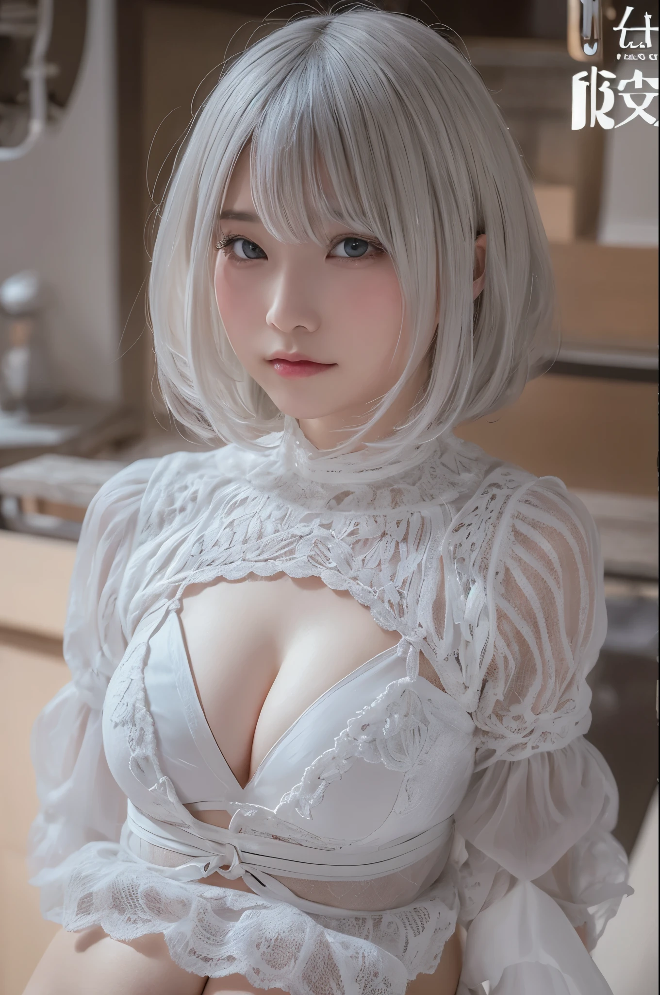 ((high quality)),table top,(Detailed depiction of local details:1.2),1 Japanese girl,(plump breasts:1.3),Enchanted Valley,closed mouth,eyelash,looking at the viewer,portrait,alone,Upper body,gray hair,white theme,short hair,silver hair,Yoruhano. 2 Type B,