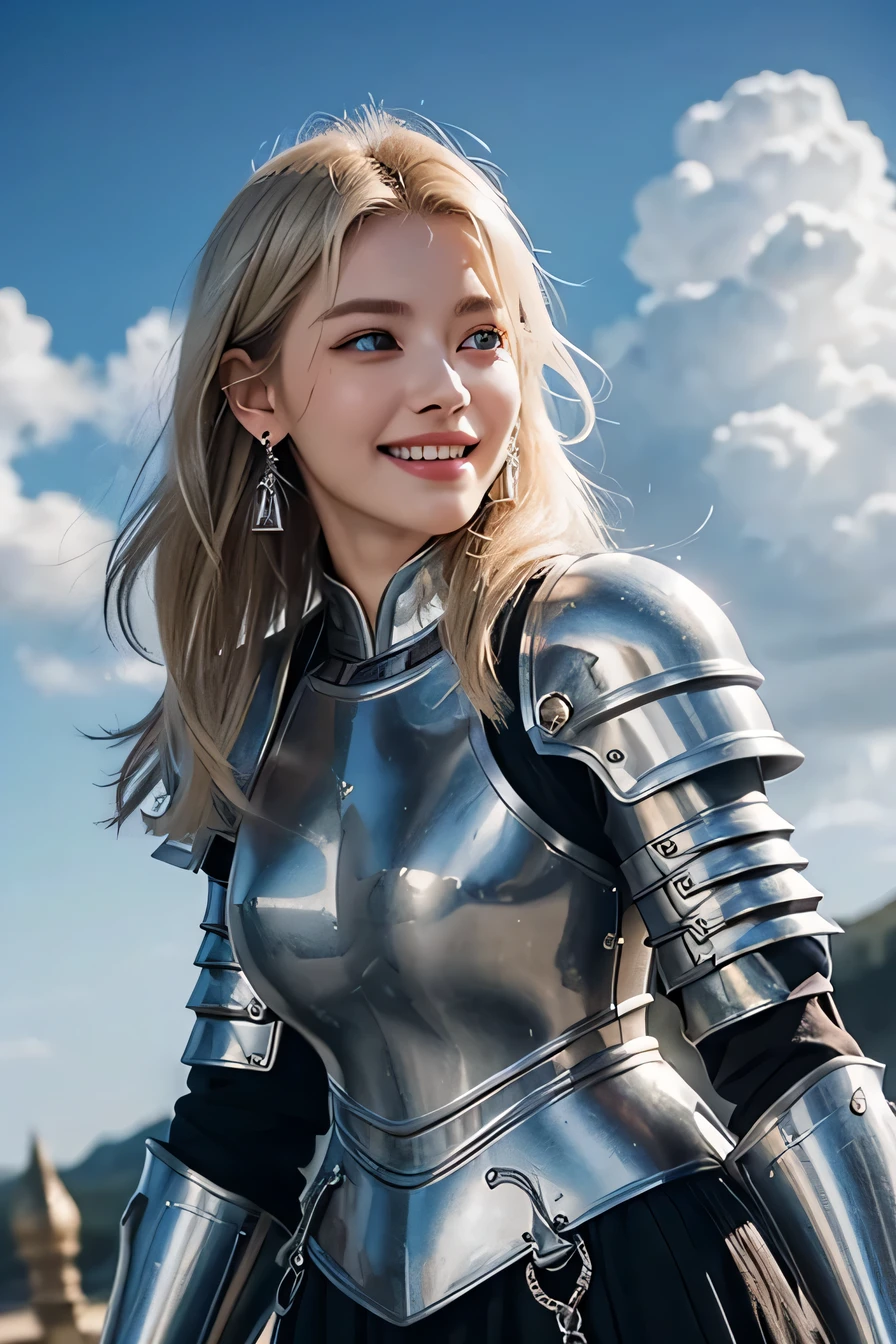 highest quality、female knight、The background is a castle、Luxurious Silver Armor、heavy equipment、hairstyle short cut、smile、beautiful teeth、full body photo、ear piercing、white woman、blonde hair、blue eyes、Gummy Smile、The background is a cloudy sky、heavy makeup