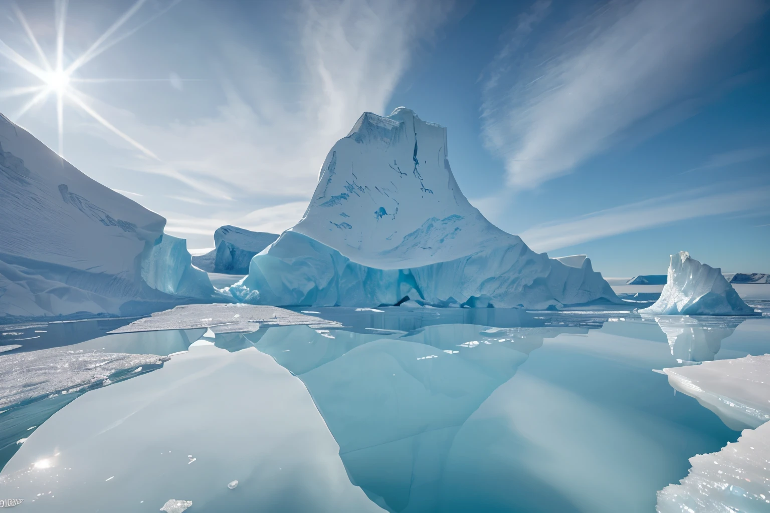 In the icy realm of polar regions, a majestic iceberg stands tall, gleaming in the sunlight. Its towering form is a testament to nature's power and beauty, captured in a stunning photograph. The crystal-clear image showcases the intricate patterns of ice, glistening in shades of pristine white and shimmering blues. Each crack and crevice tells a story of resilience and strength, inviting viewers to marvel at the frozen landscape's captivating allure.