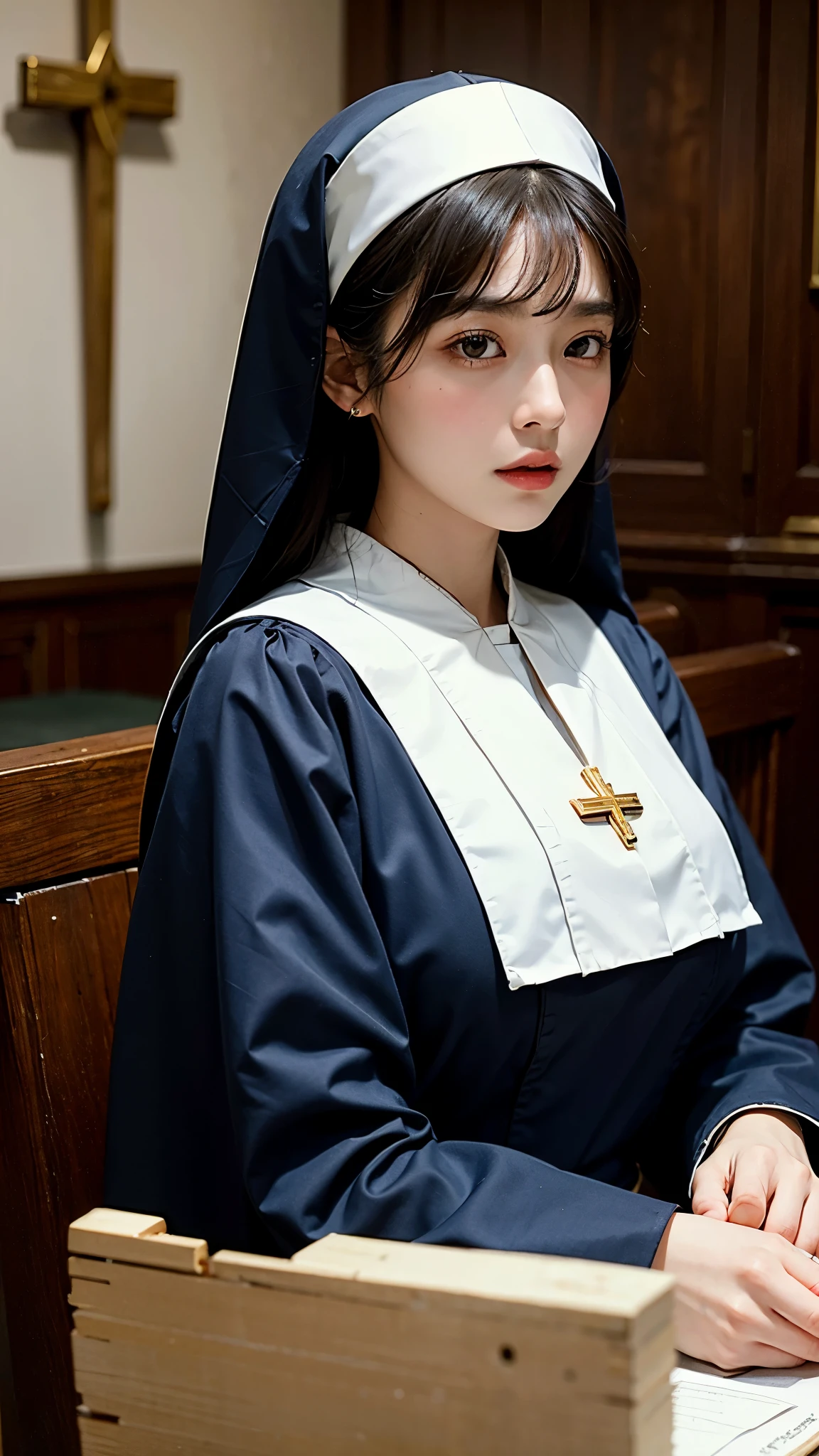 ((top quality, 8 thousand, masterpiece:1.3)), young oriental woman,Sisters' robes, gorgeous cathedral, huge cross hanging on the wall, (big bust: 1.5), nun's clothes,