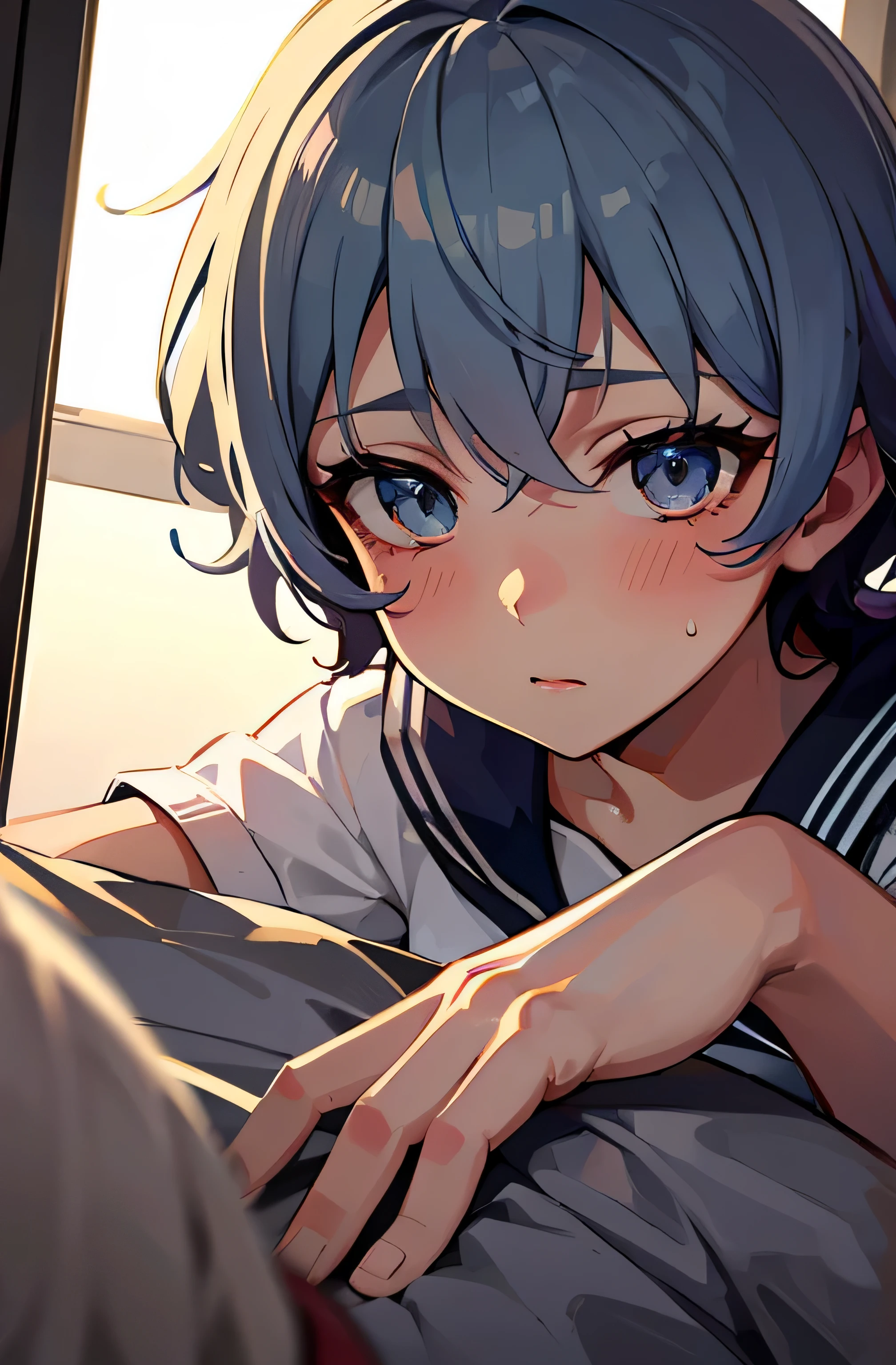 2 sweaty girls fucking, student uniform, light greyish blue hair, really short hair, shaggy hair, navy blue eyes, laying down in bed, 17 years old, messy hair, low front angle, lift shirt, lift skirt, reflected light, 8K, masterpiece, highest quality, Accurate