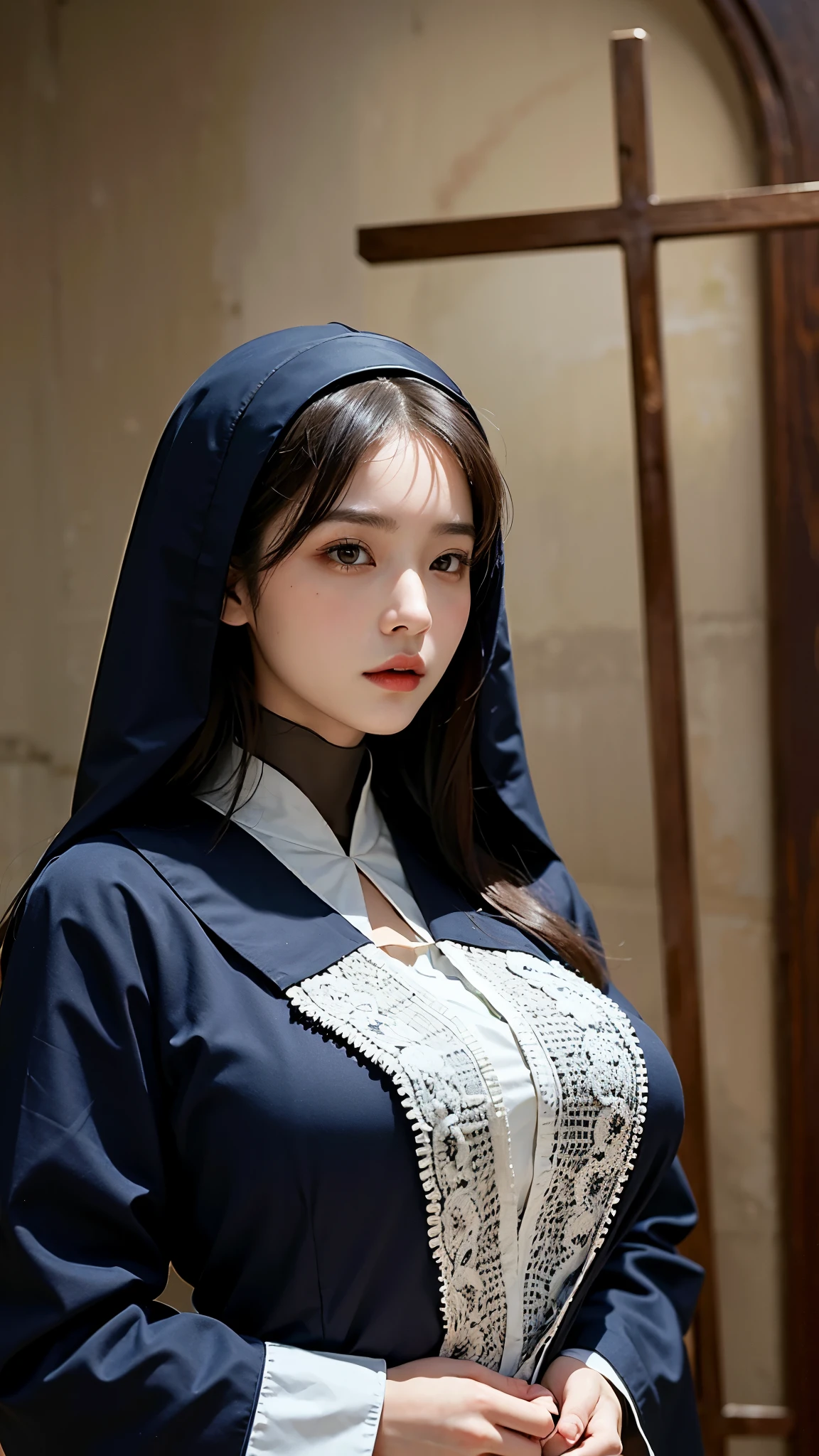 ((top quality, 8 thousand, masterpiece:1.3)), young oriental woman,Sisters' robes, gorgeous cathedral, huge cross hanging on the wall, (big bust: 1.5), nun's clothes,