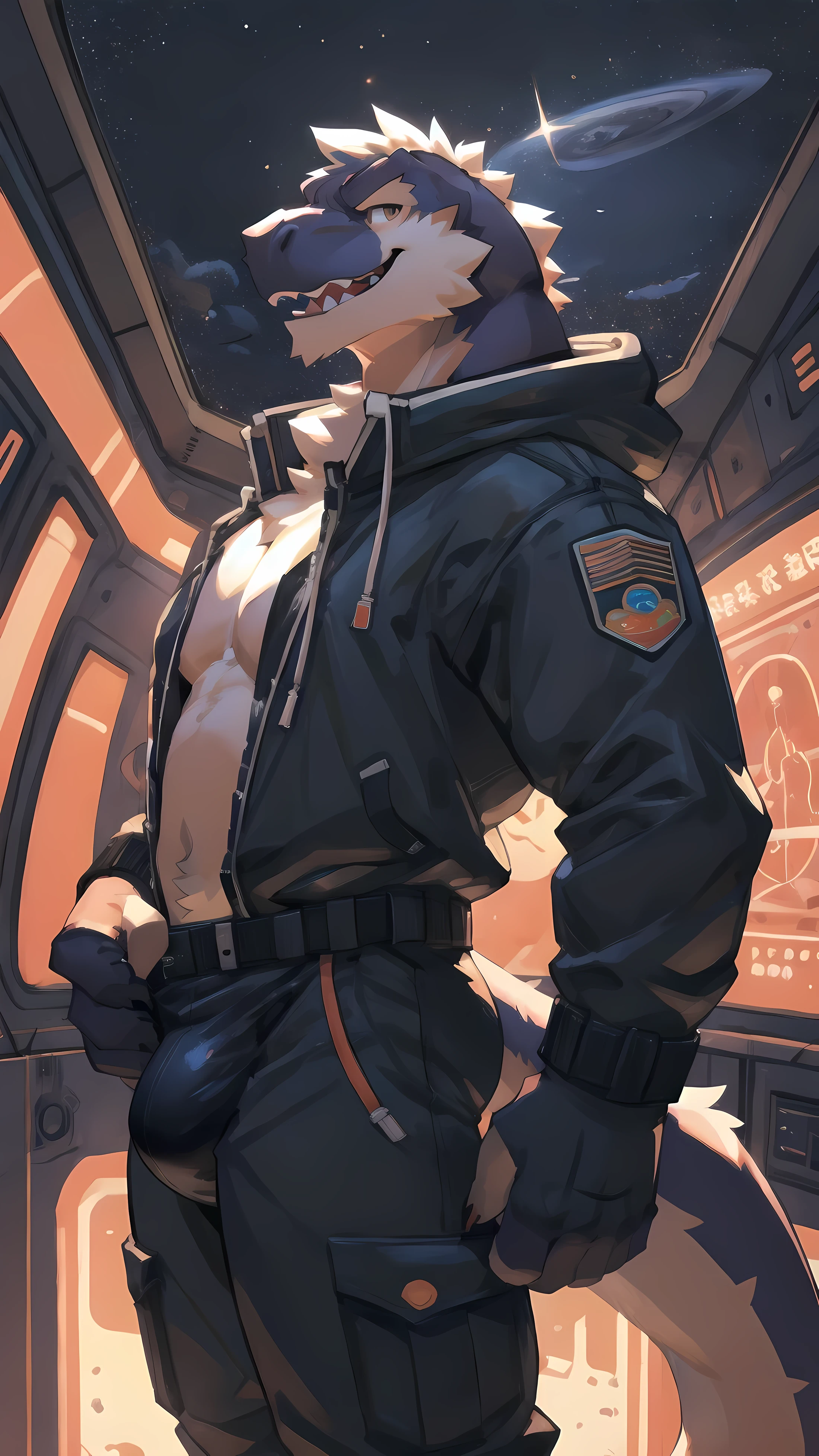 Solo, male, standing, by bigcozyorca, by goonie-san, by bebebebebe, by spikedmauler, facing viewer, black, black fur, tyrannosaurus, bushy tail, buff, spacesuit, space observation deck background, open mouth, detailed mouth, closed mouth grin, drooling, smirking, eductive smile,  grin, bulge, bulging, hard bulge, adjusting hard bulge, adjusting bulge, adjusting ,  with knot on it, , , big dig , Wearing collar,  callor on neck,  pants to show off , , teasing 