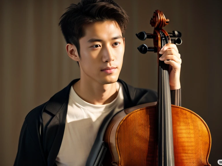 年輕人拉Cello. 左手五指準確地放在Cello的琴頸上詳實的手指位置及細節 , Realism, 8K full body portrait, masterpiece. (Cello detailed details.Headstock.String plug)A young 28 year old man.A little messy short hair(artist.musician),Wearing wool sweaters and jackets. 坐在室內拉Cello(Cello)(靈感來自中國musician馬友友). charming expression, Fine facial details,.young man playing Cello. Cello, artist, superb composition!!!,