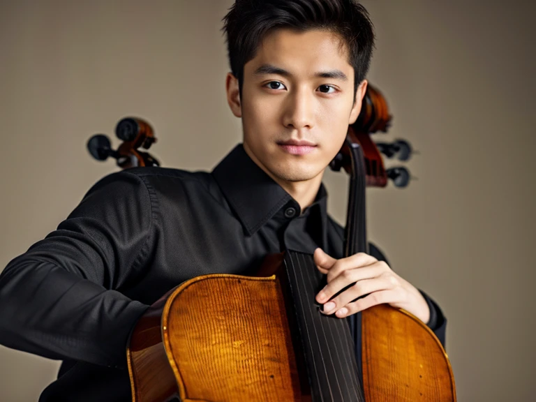 年輕人拉Cello. 左手五指準確地放在Cello的琴頸上詳實的手指位置及細節 , Realism, 8K full body portrait, masterpiece. (Cello detailed details.Headstock.String plug)A young 28 year old man.A little messy short hair(artist.musician),Wearing wool sweaters and jackets. 坐在室內拉Cello(Cello)(靈感來自中國musician馬友友). charming expression, Fine facial details,.young man playing Cello. Cello, artist, superb composition!!!,