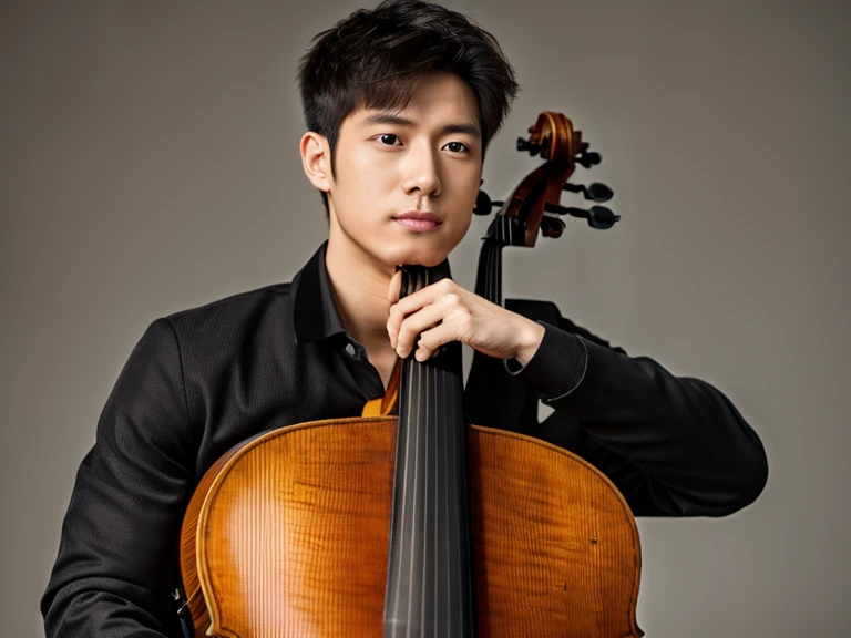 年輕人拉Cello. 左手五指準確地放在Cello的琴頸上詳實的手指位置及細節 , Realism, 8K full body portrait, masterpiece. (Cello detailed details.Headstock.String plug)A young 28 year old man.A little messy short hair(artist.musician),Wearing wool sweaters and jackets. 坐在室內拉Cello(Cello)(靈感來自中國musician馬友友). charming expression, Fine facial details,.young man playing Cello. Cello, artist, superb composition!!!,