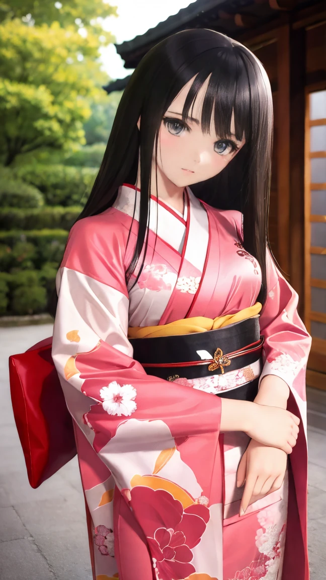 4K,（highest quality）, excellent detail,masterpiece,anime, super high resolution,Closer look at the eyes, best illustrations, Highly condensed 1girl, （very delicate and cute face）,Chest is small,black hair，（（medium long hair））,,（A red kimono with a floral pattern）,,,,,My age is ************,(Japanese-style house)，,（Set in a beautiful garden）,
