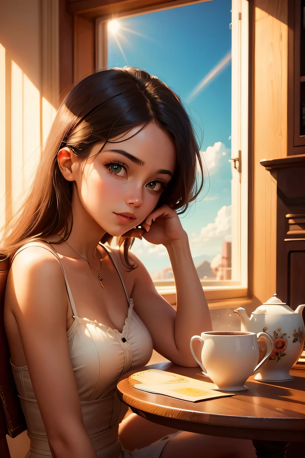 a beautiful girl with a beautiful face is sitting at a table, drinking tea, the bright sun is shining through the window. stylization,16k,poster,hyperdetalization