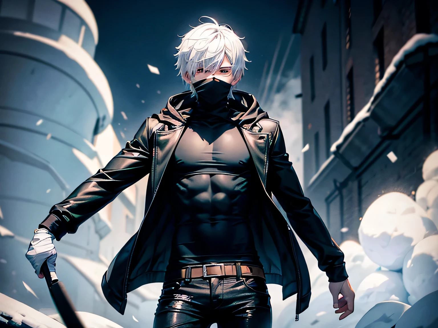 Solo. A 18-year old man with snow white hair, a fit body, bandages all over his body, wearing a black hoodie and a black shirt and black jeans. Black smoke is coming out of him. His entire body is bandaged. He is wearing a black mask covering his entire face and eyes.