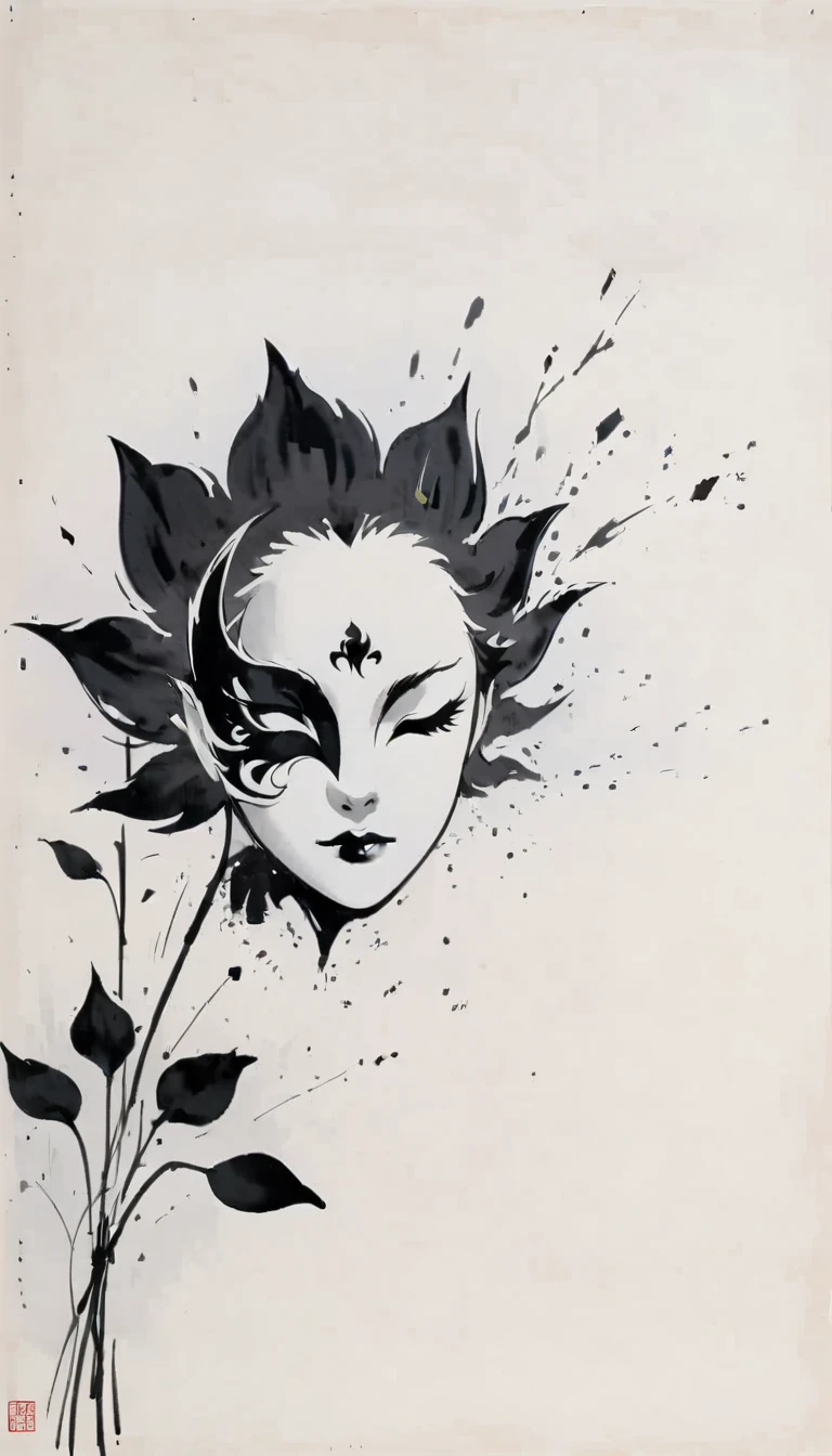 (Anime line drawing:1.5),(black and white painting:1.45),Minimalism,(line art:1.6),sketch,Charcoal drawing,mask,lotus