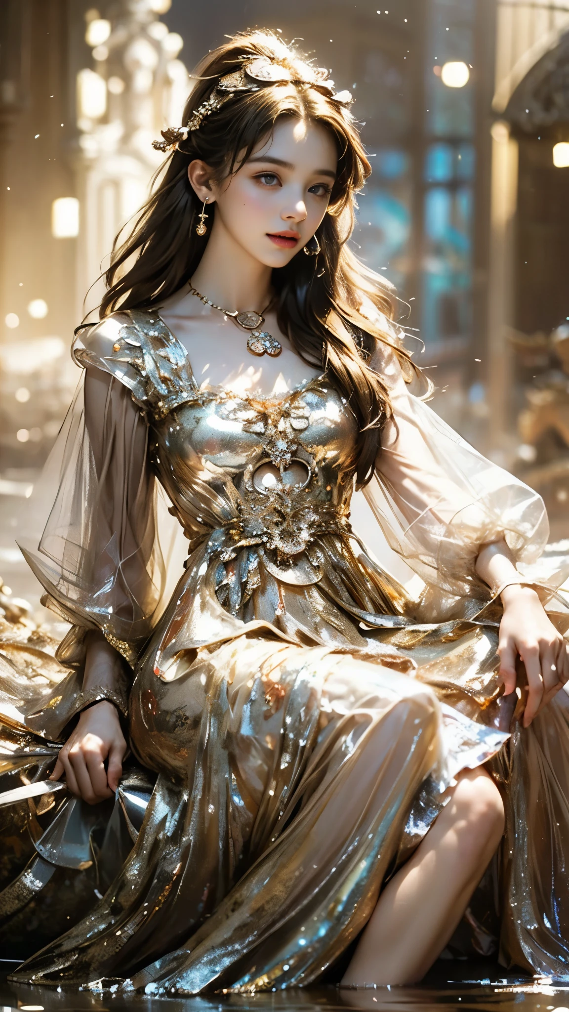 8K, ultra hd, masterpiece, 1 girl, (good face:1.4), detailed eyes, very long hair, impressive hairstyle, earings, necklace, small breasts, (golden dress:1.5), see-through, (fantasy dress:1.5) Light-colored foundation brings out the transparency of the skin, (in the wonderland:1.5), mystery, diwali lights, glowing lights, very decoration, The lights falls like water, perfect front body, sitting,