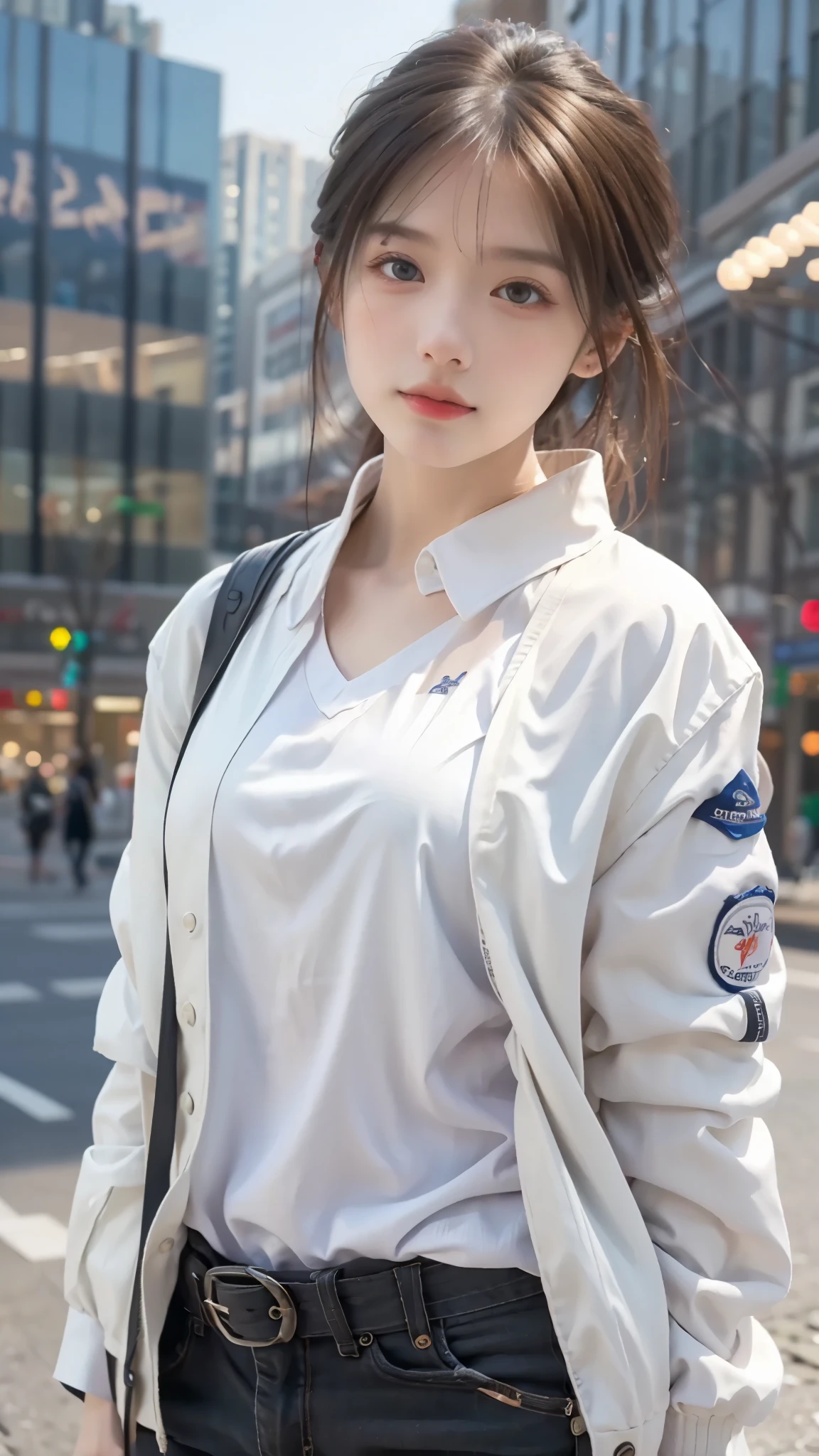 (masterpiece), (highest quality), (highest quality), (most detailed), (Super detailed), ((very delicate and beautiful)), 8K, (realistic:1.3),girl,simple,brown eyes,big breasts,white jacket,City of night,Standing in the middle of the city,white shirt,short hair,Beautiful night view