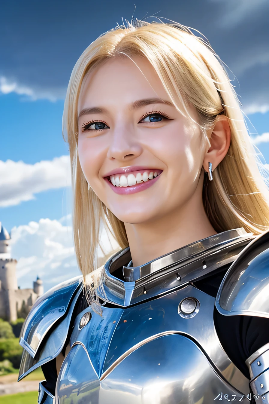 highest quality、female knight、The background is a castle、Luxurious Silver Armor、heavy equipment、hairstyle shortcut、smile、beautiful teeth、full body photo、ear piercing、white woman、blonde hair、blue eyes、Gummy Smile、The background is a cloudy sky、heavy makeup