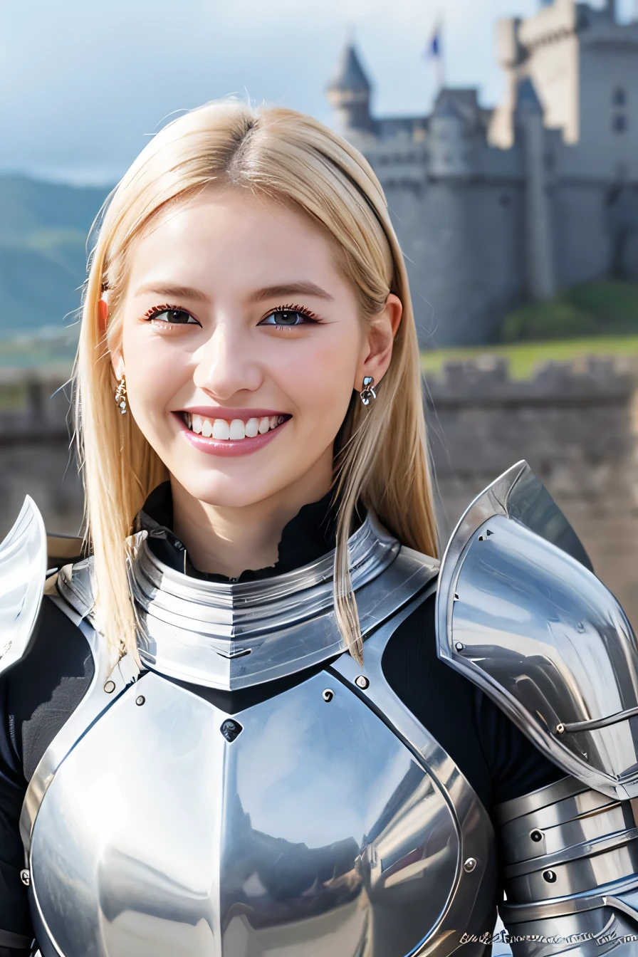 highest quality、female knight、The background is a castle、Luxurious Silver Armor、heavy equipment、hairstyle shortcut、smile、beautiful teeth、full body photo、ear piercing、white woman、blonde hair、blue eyes、Gummy Smile、The background is a cloudy sky、heavy makeup