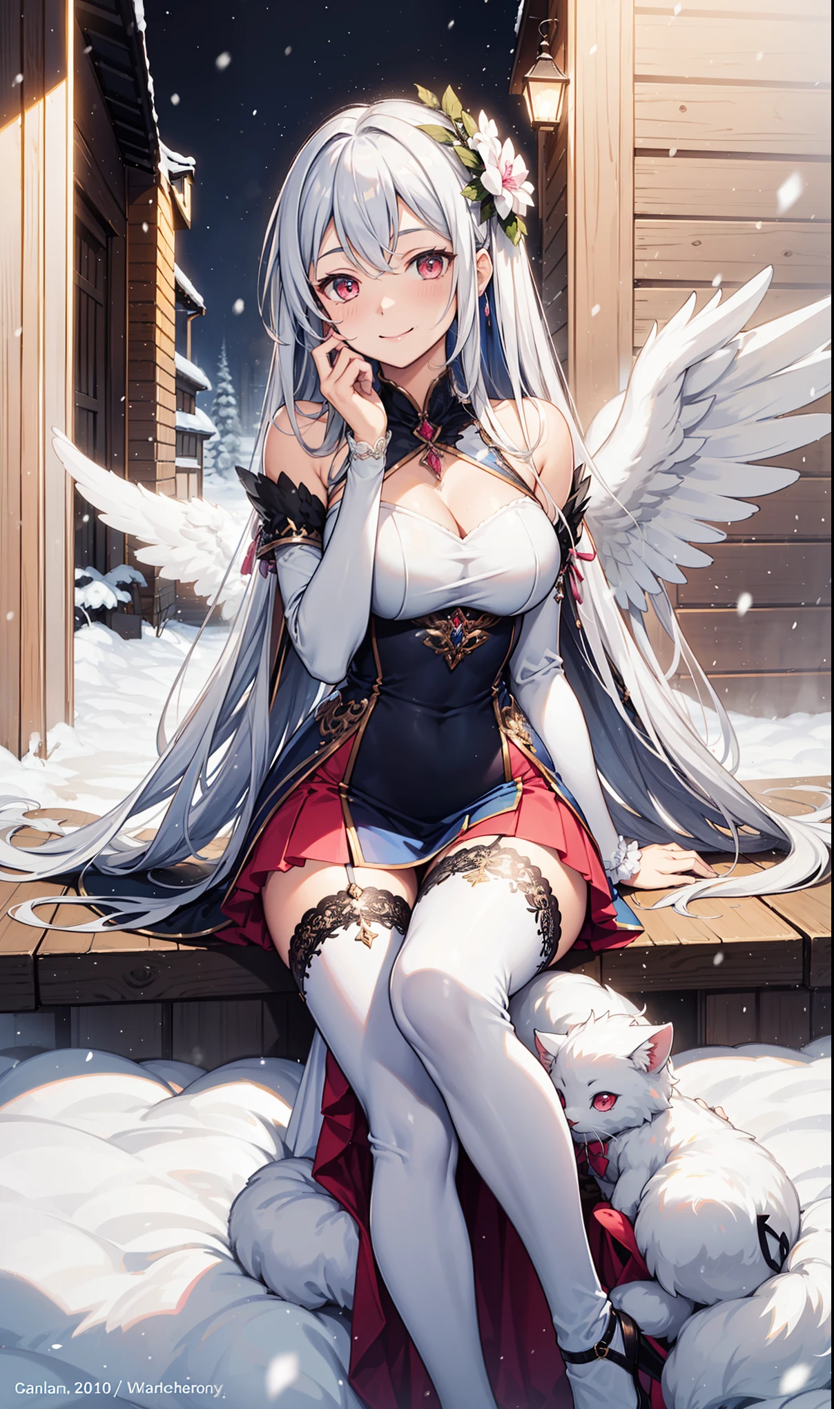 girl,smile,in love,Mild seduction,(Pink tight dress long skirt),Semi-transparent long sleeves,saint,Beautiful patterns,Sky blue pattern,snowy night,Transparent lace,Beautifully dressed,sitting position,the only person,Mythical courtyard,(night:1.1),Heavy snow,(snowflakes flying),(black thigh boots:1.1),Exquisite and beautiful face,sitting position,Playing with the snow,red eyes, Frosty white hair,solemn