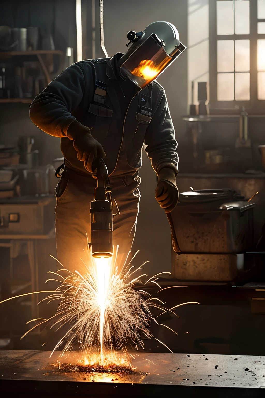 homem arafed usando uma serra eletrica para serrar metal com um fogo no fundo, Trabalhando na Forja, Ferreiro, fotografia industrial, Bodybuilding blacksmith, O Ferreiro, design de produto Ferreiro, welding torches for arms, Artesanato, lots of steam and sparks, usina radioativa 3 4 5 3 1, Direction: John Murdoch, O Deus da Forja