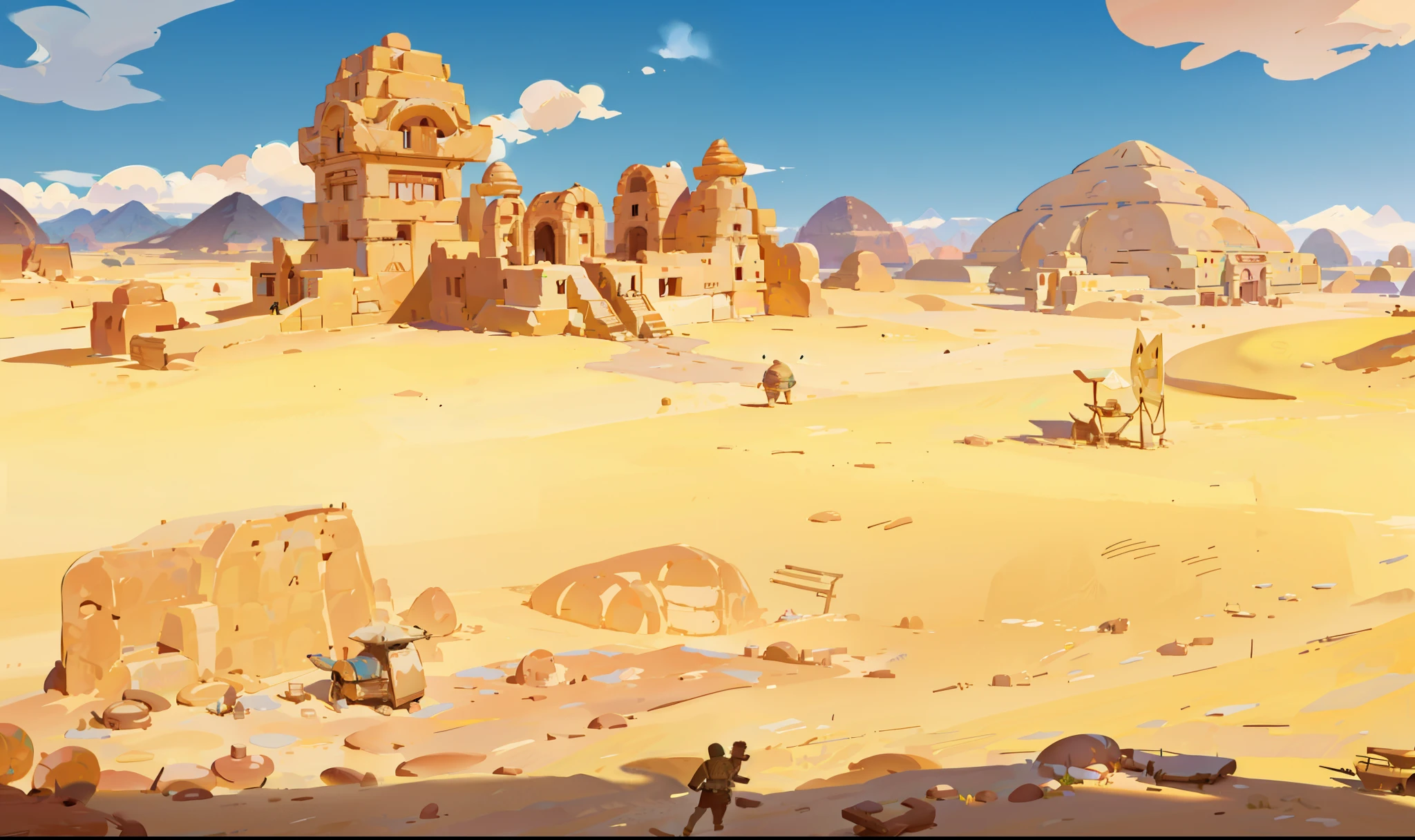 There are desert scene Egyptian architectural ruins, background art, Painted into game concept art, Stylized concept art, Background art, Desert Environment, Architectural Heritage Background, Digital Painting concept art, concept art, Sand and Desert Environment, concept art Style, Architectural Heritage, 2d concept art, Desert Wasteland, Environment, Landscape game concept art