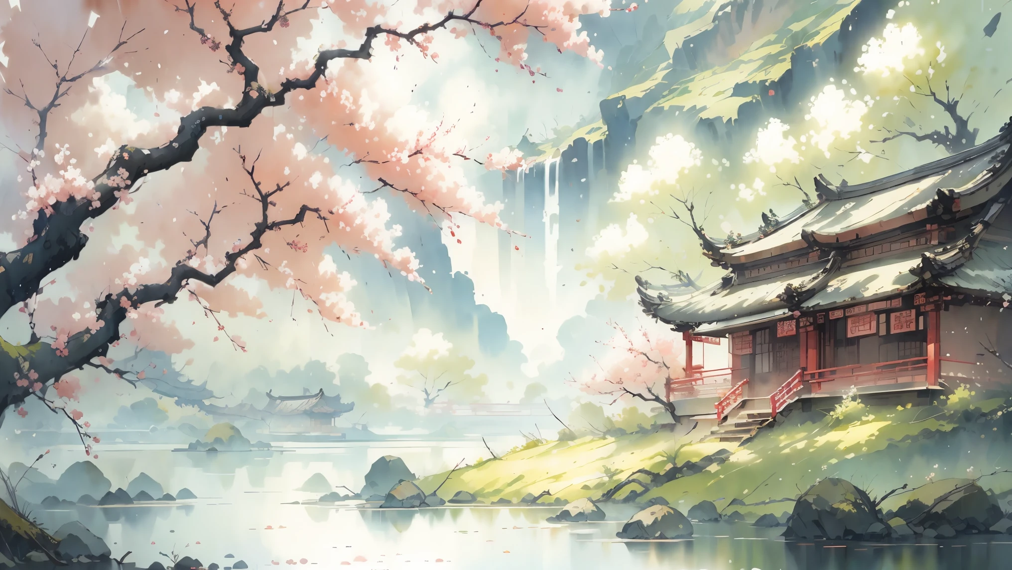 Ancient style illustration Chinese watercolor landscape painting watercolor river peach blossom spring Chinese landscape bare tree branch day flower leaf no human outdoors overgrown plant landscape tree grape vine water, masterpiece, recent quality, best details, beauty