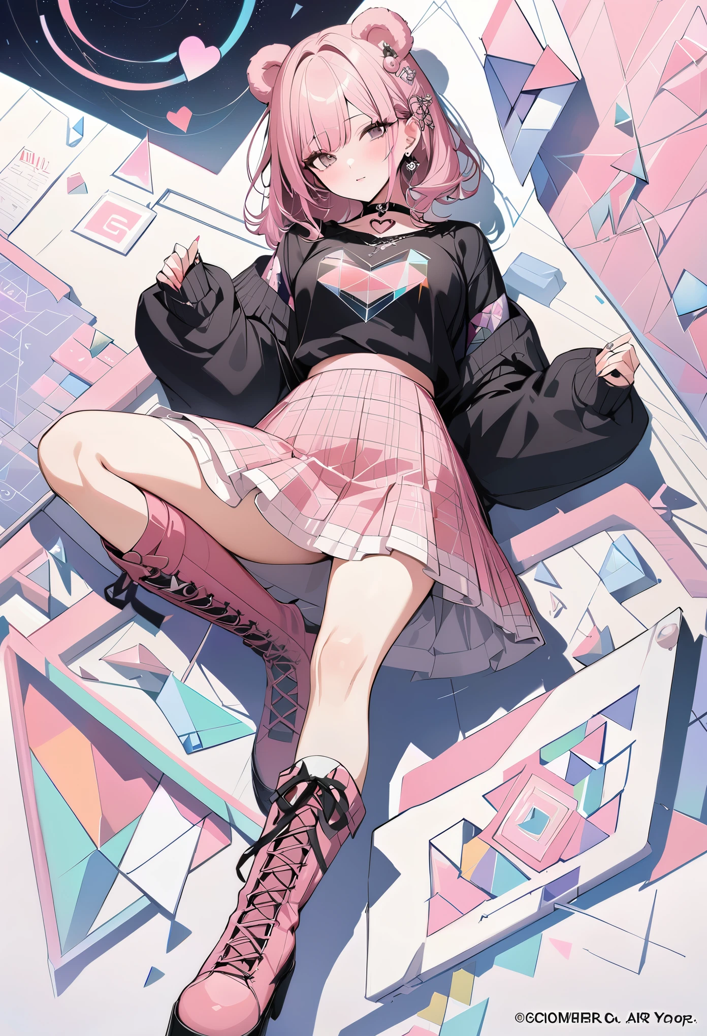 ,beautiful flower々）,mole under eye, heart shaped choker, (masterpiece, highest quality), official art, beautiful and aesthetic: 1.2), (1 girl), very detailed, (geometry art: 1.3), colorful、pink bob hair、bear ears、 whole body、black jumper、pink mini skirt、knee high boots