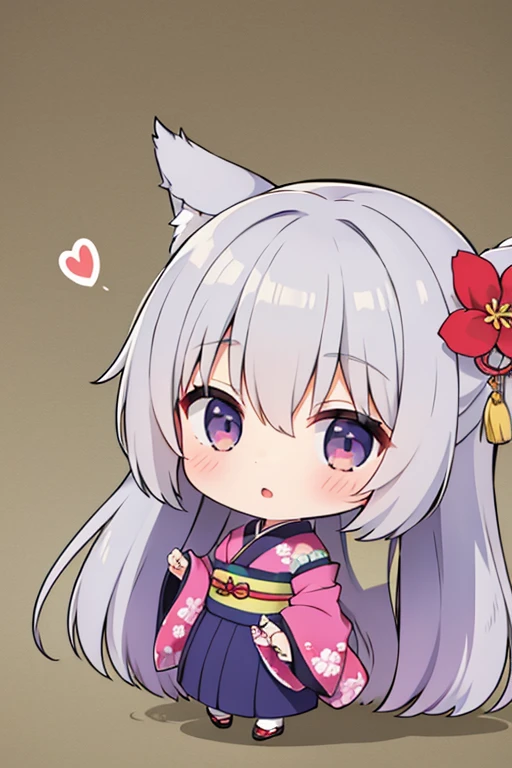 1girl ,chibi,kimono,yukionnna,gray back ground,bluehear,full body,