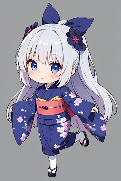 1girl ,chibi,kimono,yukionnna,gray back ground,bluehear,full body,