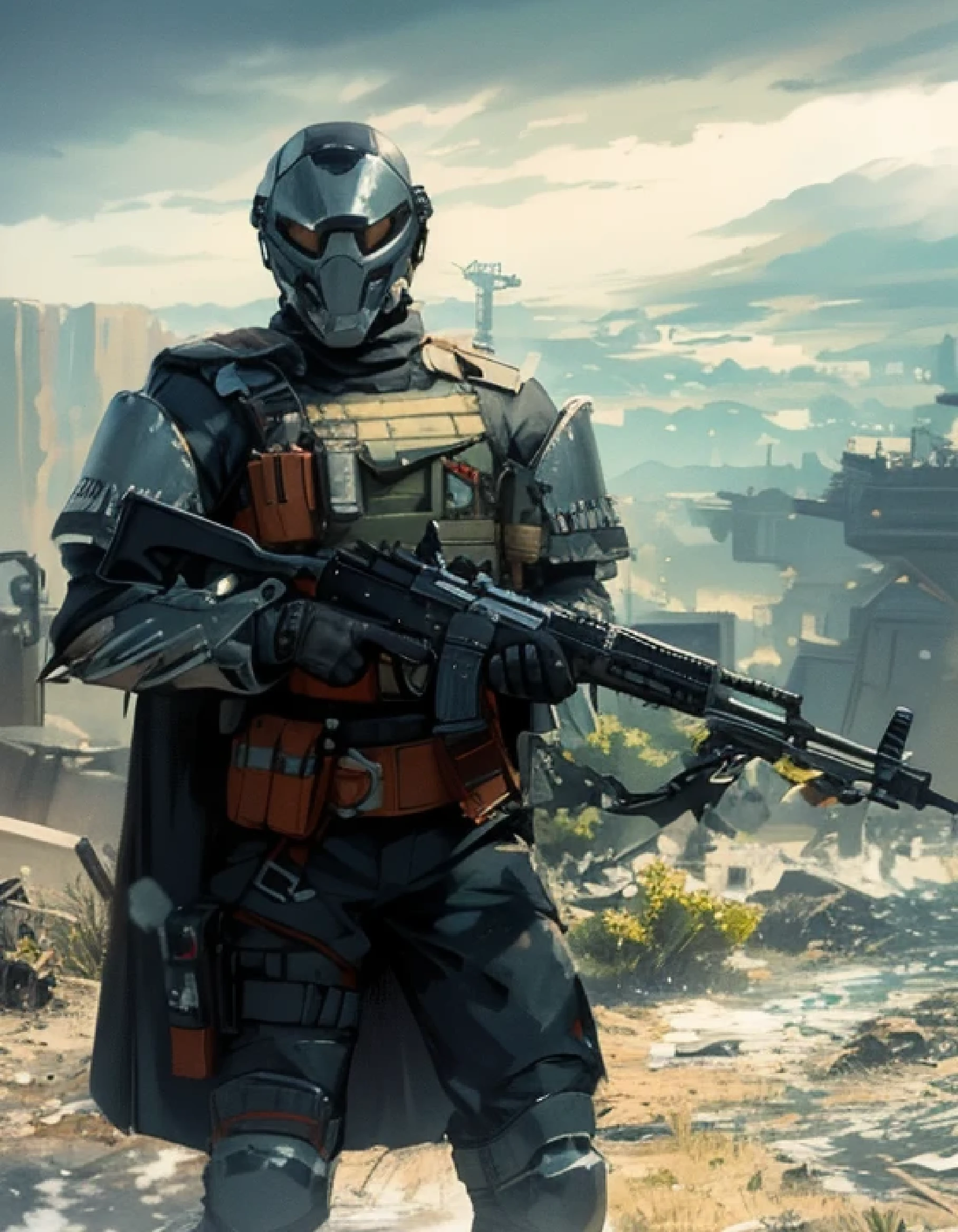 a man in a helmet and uniform holding a rifle, dressed in tactical armor, With a black cape, three throwing knives holstered on his arm, Pistol holstered on his leg(Best quality, 4k, Masterpiece :1.3), Cyberpunk, Background, Sci-fi rifle 