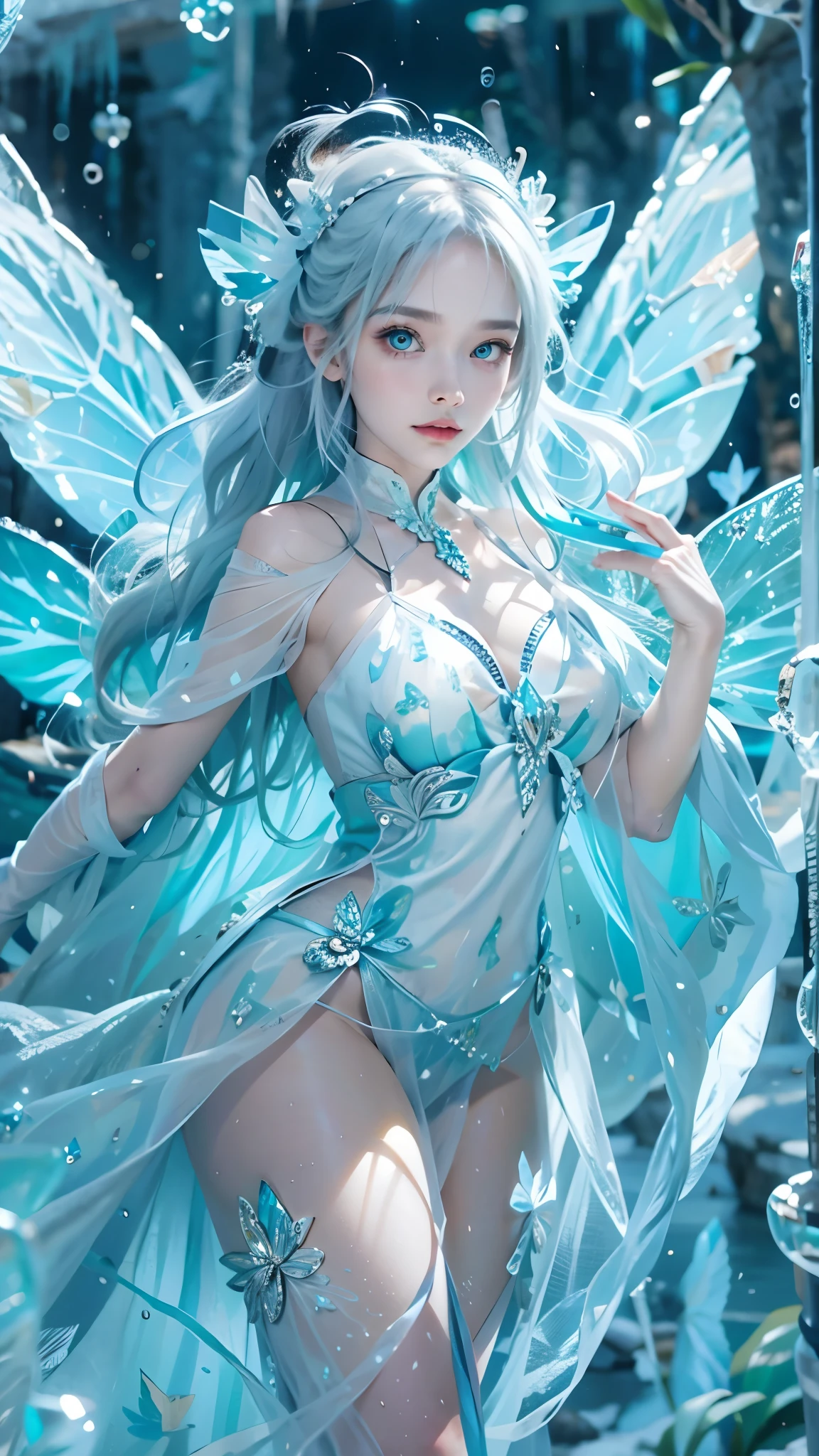 Frost Goddess,Frozen fluid,Ice World,ice,1girl,Translucent clothing,air bubble,blue butterfly,blue eyes,blue nails,breasts,Positive, character on the right, upper body, above knee level,Dynamic pose,bubble,Blue butterfly wings,butterfly wings,crystal,dress,glowing butterfly,long hair,looking at viewer,medium breasts,parted lips,solo,water
