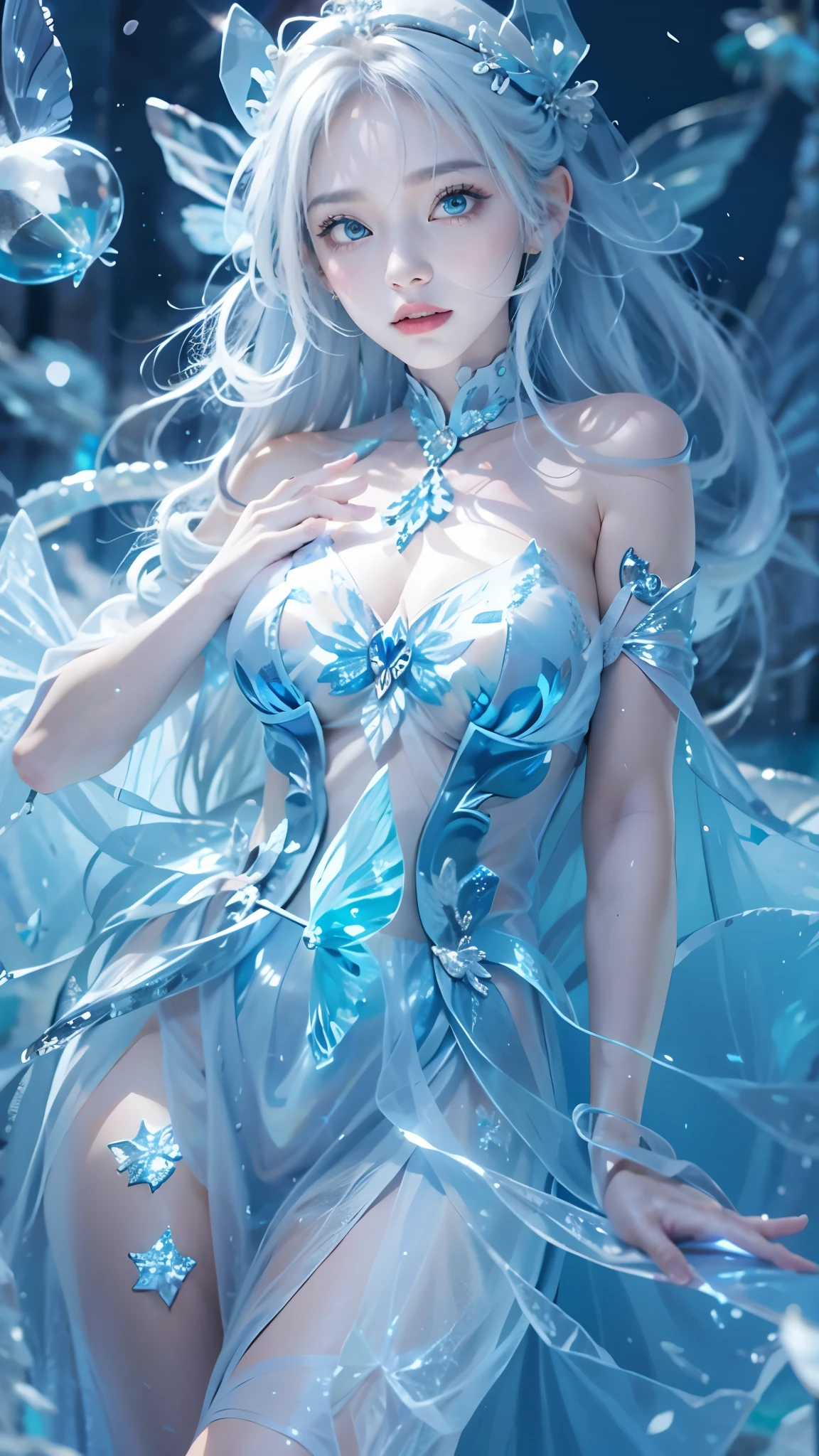 Frost Goddess,Frozen fluid,Ice World,ice,1girl,Translucent clothing,air bubble,blue butterfly,blue eyes,blue nails,breasts,Positive, character on the right, upper body, above knee level,Dynamic pose,bubble,Blue butterfly wings,butterfly wings,crystal,dress,glowing butterfly,long hair,looking at viewer,medium breasts,parted lips,solo,water