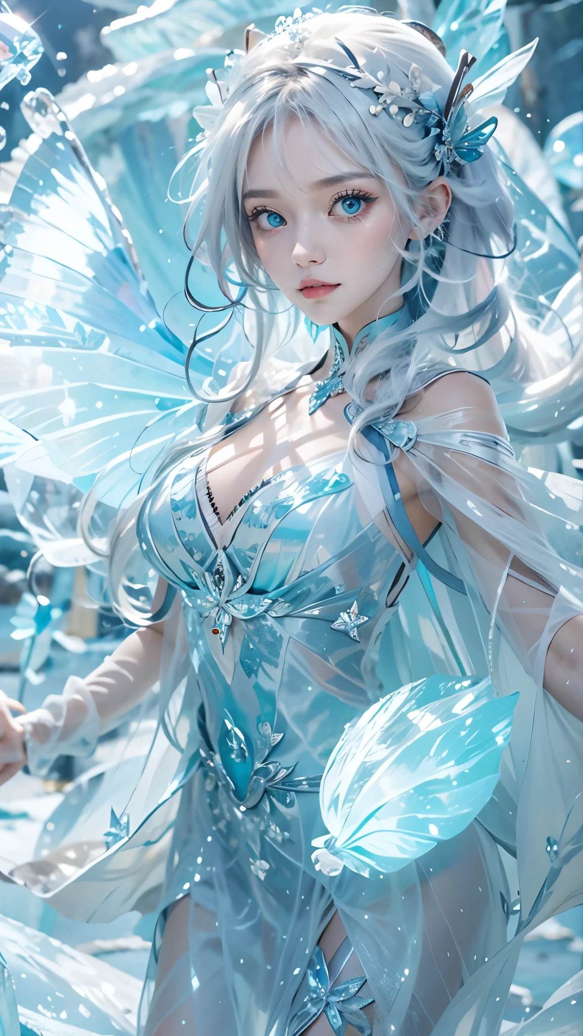 Frost Goddess,Frozen fluid,Ice World,ice,1girl,Translucent clothing,air bubble,blue butterfly,blue eyes,blue nails,breasts,Positive, character on the right, upper body, above knee level,Dynamic pose,bubble,Blue butterfly wings,butterfly wings,crystal,dress,glowing butterfly,long hair,looking at viewer,medium breasts,parted lips,solo,water