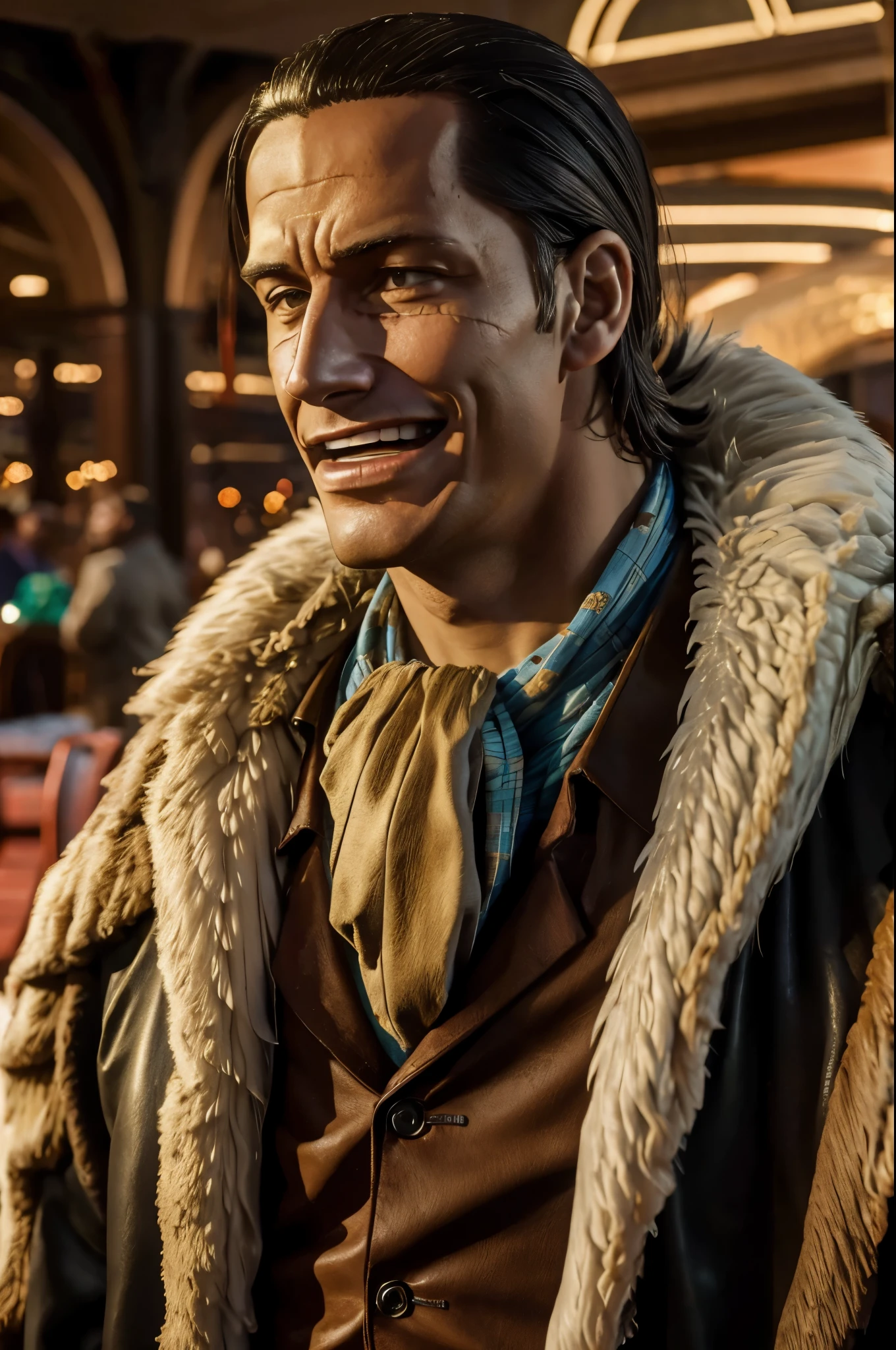 masterpiece, best quality, extremely detailed, hyperrealistic, photorealistic, a cool 40s man, ultra detailed face:1.2, fur-trimmed coat, scarf around the neck, his left hand is a golden pirate hook:1.1, ciger, casino:1.2, laughing